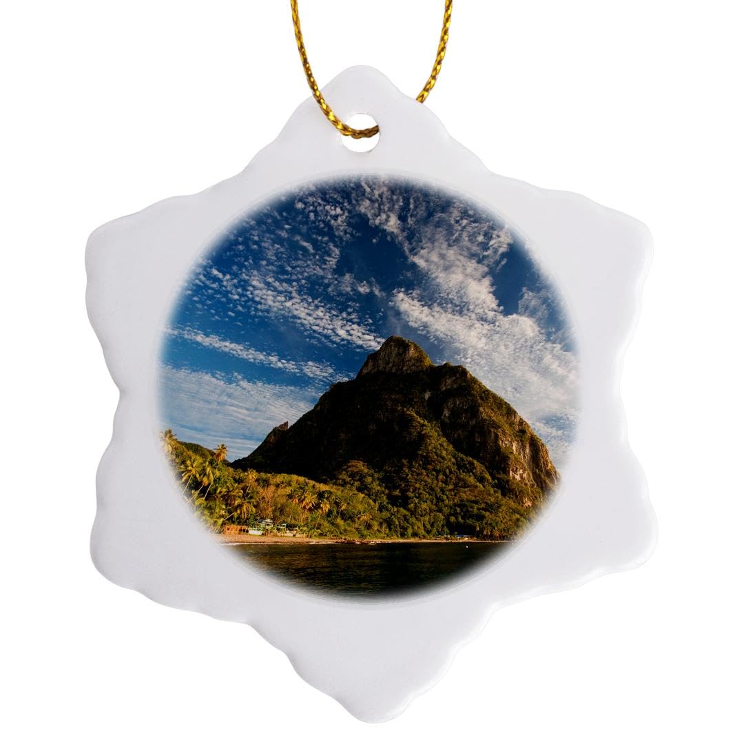 3D Rose Gros Piton St. Lucia Snowflake Ornament - 3 Inch Gold Christmas Tree Decoration for Holiday Home Decor, Gift & Winter Festival Celebration