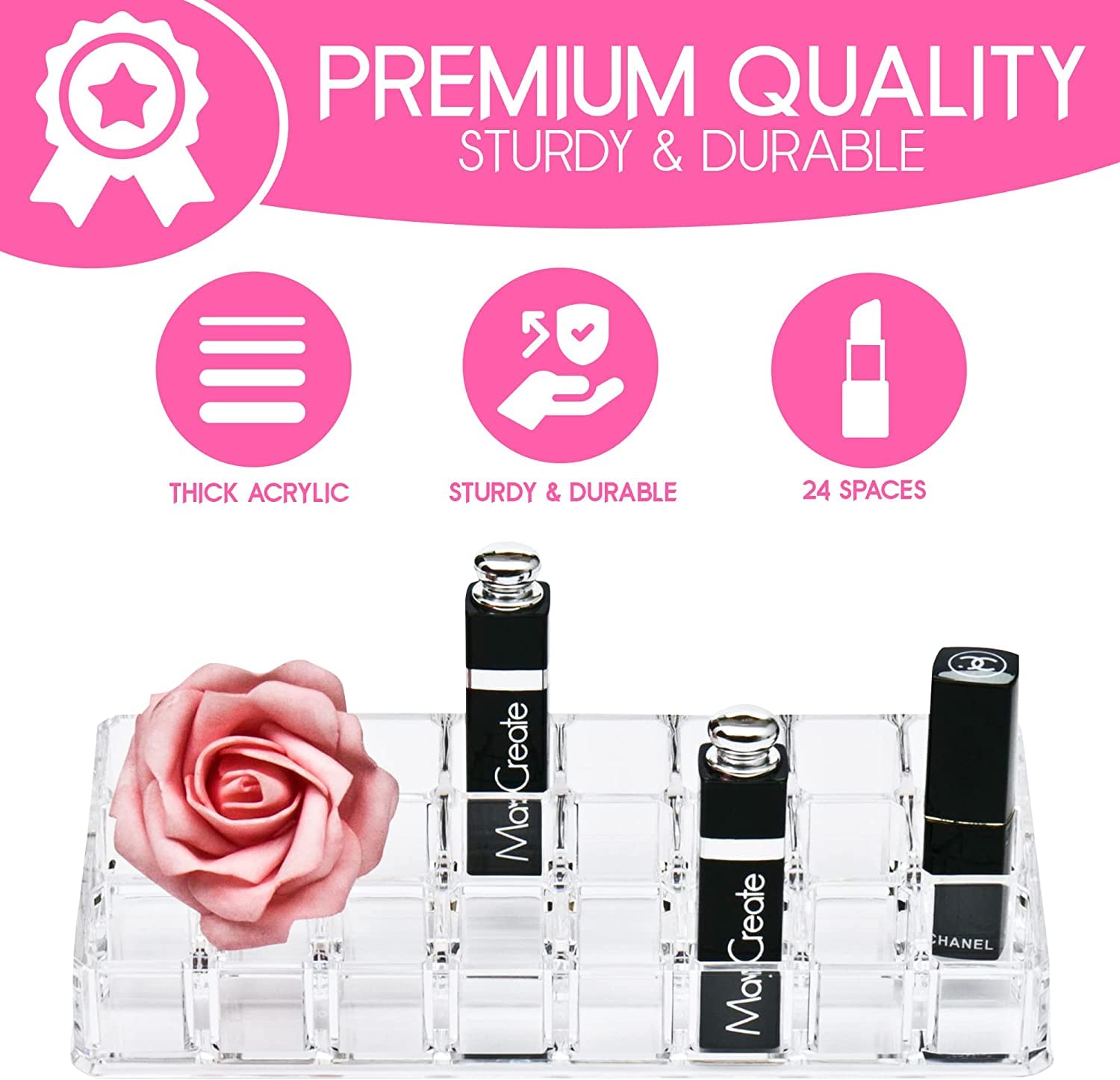 XIVUMN Acrylic Lipstick Holder - 24 Compartment Clear Makeup Organizer for Lip Gloss, Balm, Mascara, Brushes & Skincare - Multipurpose Vanity Storage Case | Perfect for Bathroom Counter, Dresser Top & Beauty Salon Display