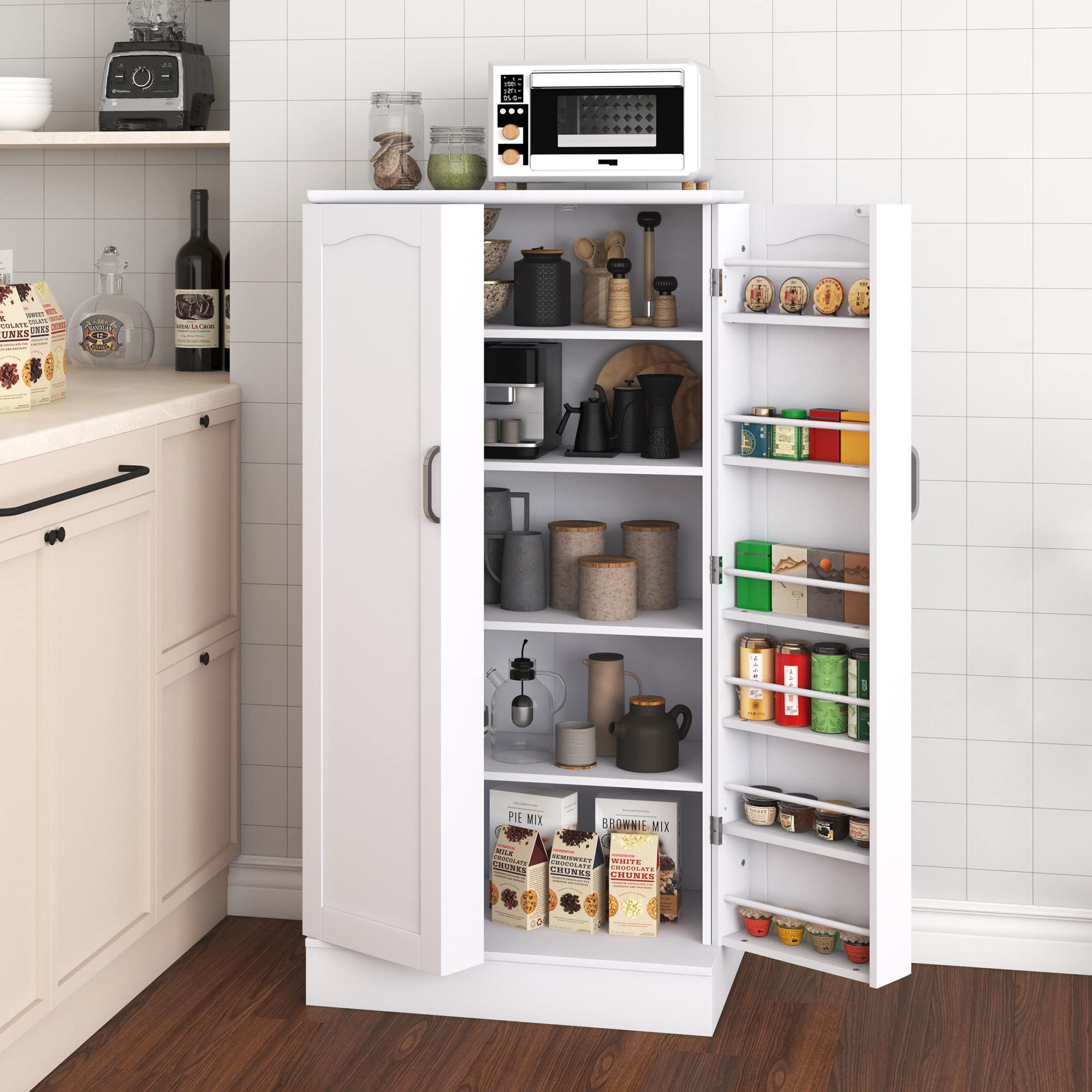 Jehiatek 47” White Freestanding Kitchen Pantry Cabinet with Adjustable Shelves & Doors - Perfect for Kitchen, Living Room, and Dining Room Storage Solutions