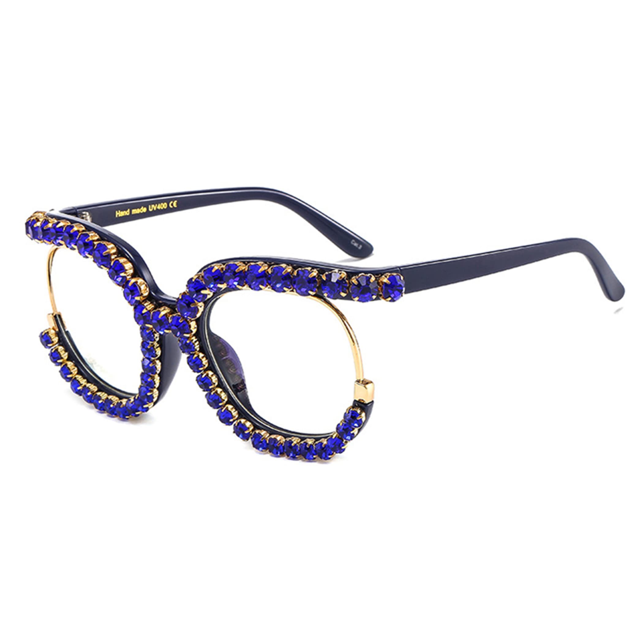 Bullabulling Vintage Fashion Women's Half-Rim Round Reading Glasses with Crystal Trim & Jeweled Frame - Costume Eyewear for Reading, Cosplay, and Retro Style Outfits