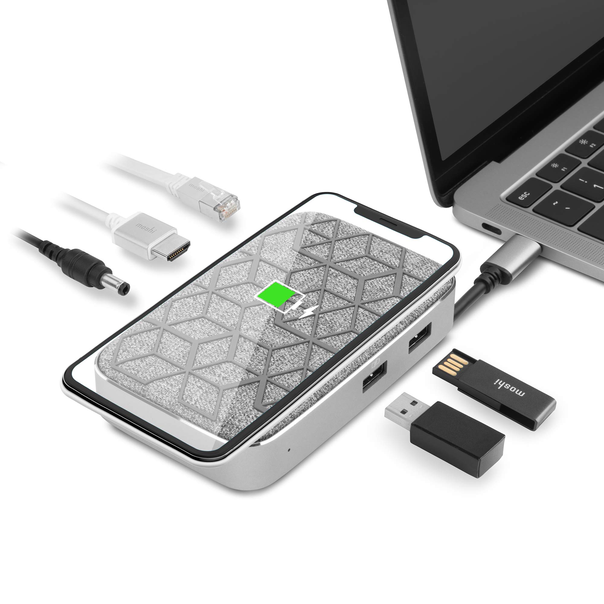 Moshi Symbus Q 6-in-1 USB C Hub with 15W Wireless Charger - HDMI 4K HDR, 60W PD Fast Charging, Dual USB-A, Gigabit Ethernet - Compatible with iPhone 12 Series, AirPods Pro, Samsung Galaxy & Google Pixel - Perfect for Home Office, Travel & Mobile Workstations