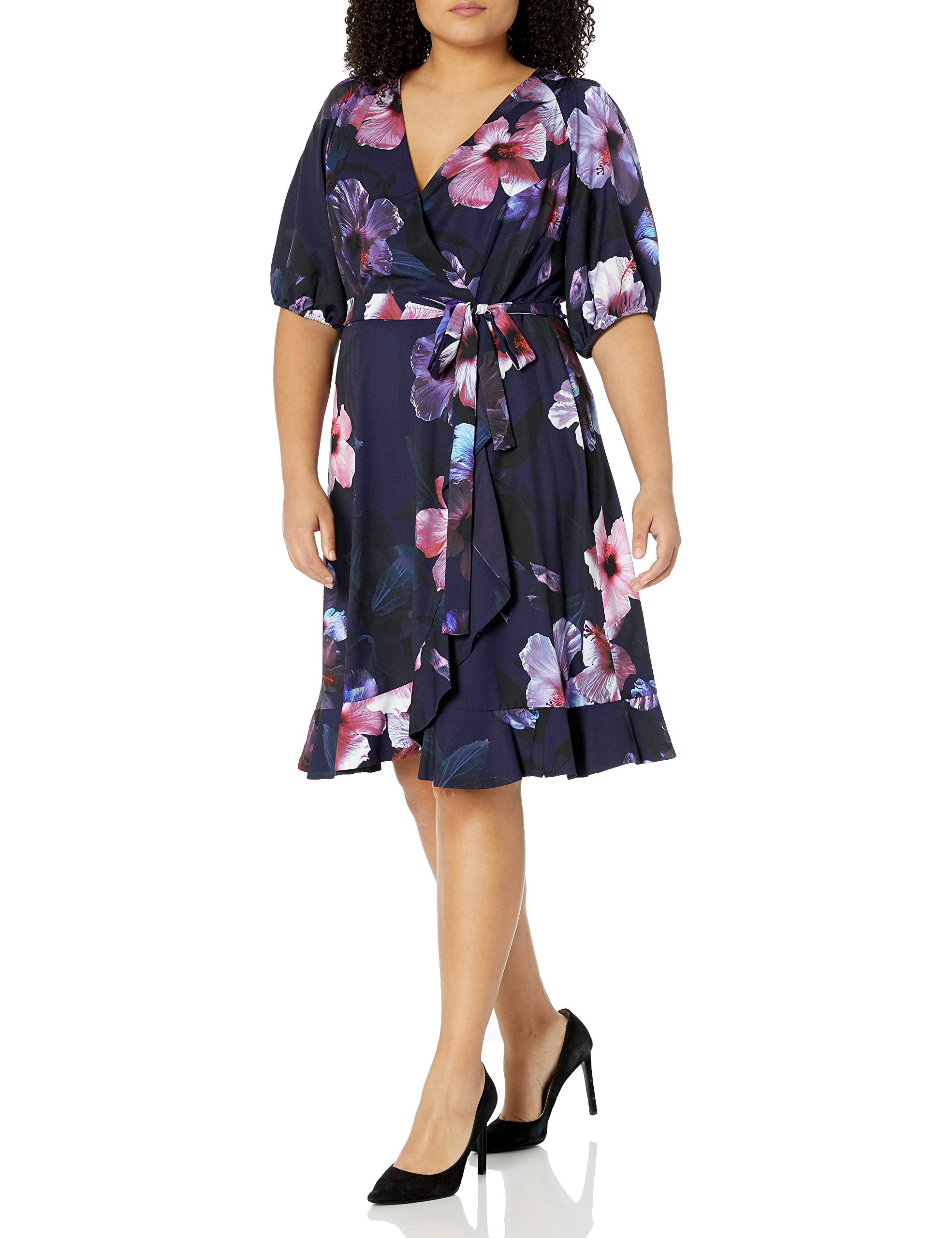 Adrianna Papell Women's Floral Wrap Dress with Ruffle Hem - Elegant Midi Dress for Wedding, Party & Special Occasions