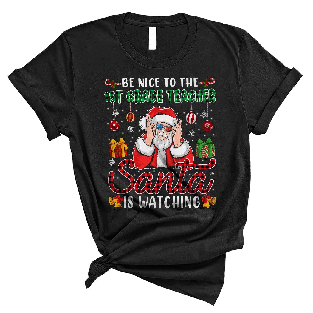 1st Grade Teacher Christmas Gift T-Shirt - Santa Red Green Plaid Unisex Apparel for Teachers | Perfect Holiday Present for Educators, School Staff & Teacher Appreciation