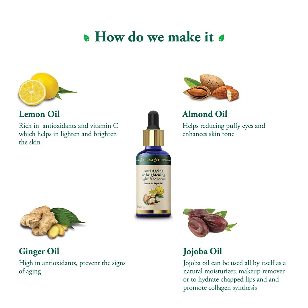 Derm & Herb Anti-Aging Vitamin C Serum for Glowing Skin - Wrinkle Reduction & Skin Tightening Face Serum | Lightweight Oil-Free Formula | 30ml | Night Use for Men & Women | Perfect for Dry, Dull Skin & Evening Skincare Routine
