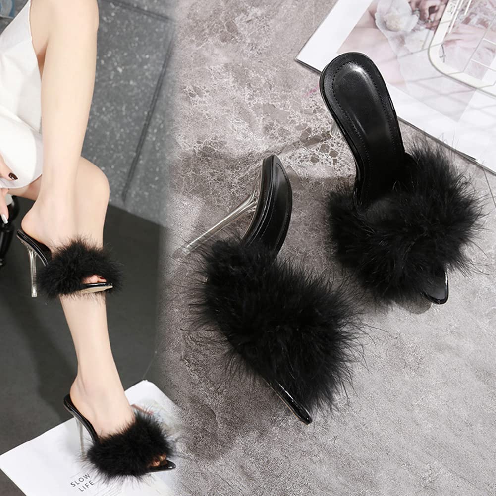 YIBLBOX Women's Fluffy Feather Open Toe Stiletto Slippers - Soft Plush Slide Sandals for Indoor/Outdoor Comfort, Lounge & Spa Wear