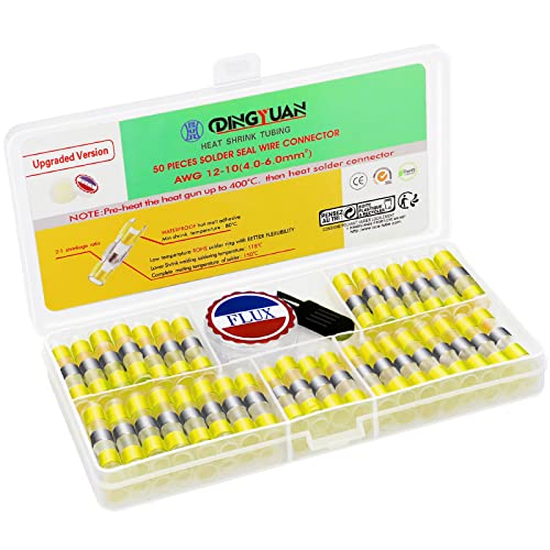 50pcs Yellow Solder Seal Wire Connectors AWG 12-10 - Waterproof Heat Shrink Butt Connectors for Automotive & Marine Electrical Wiring - Insulated Terminals for DIY, Boat, Car, RV and Home Electrical Repairs