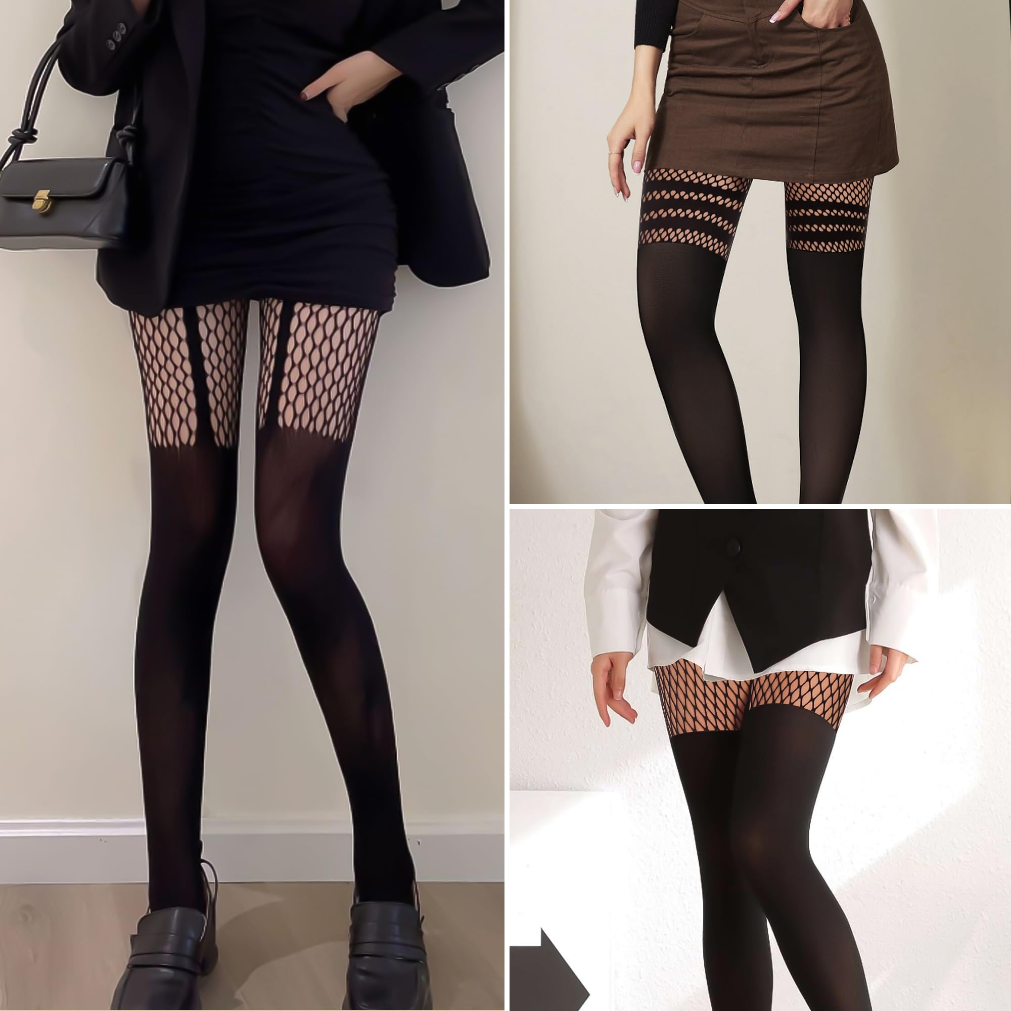 MANZI Women's Faux Thigh High Fishnet Stockings - Opaque Pantyhose with Striped Suspender Tights - Gothic Style Over The Knee Socks for Cosplay, Halloween, Burlesque & Night Out