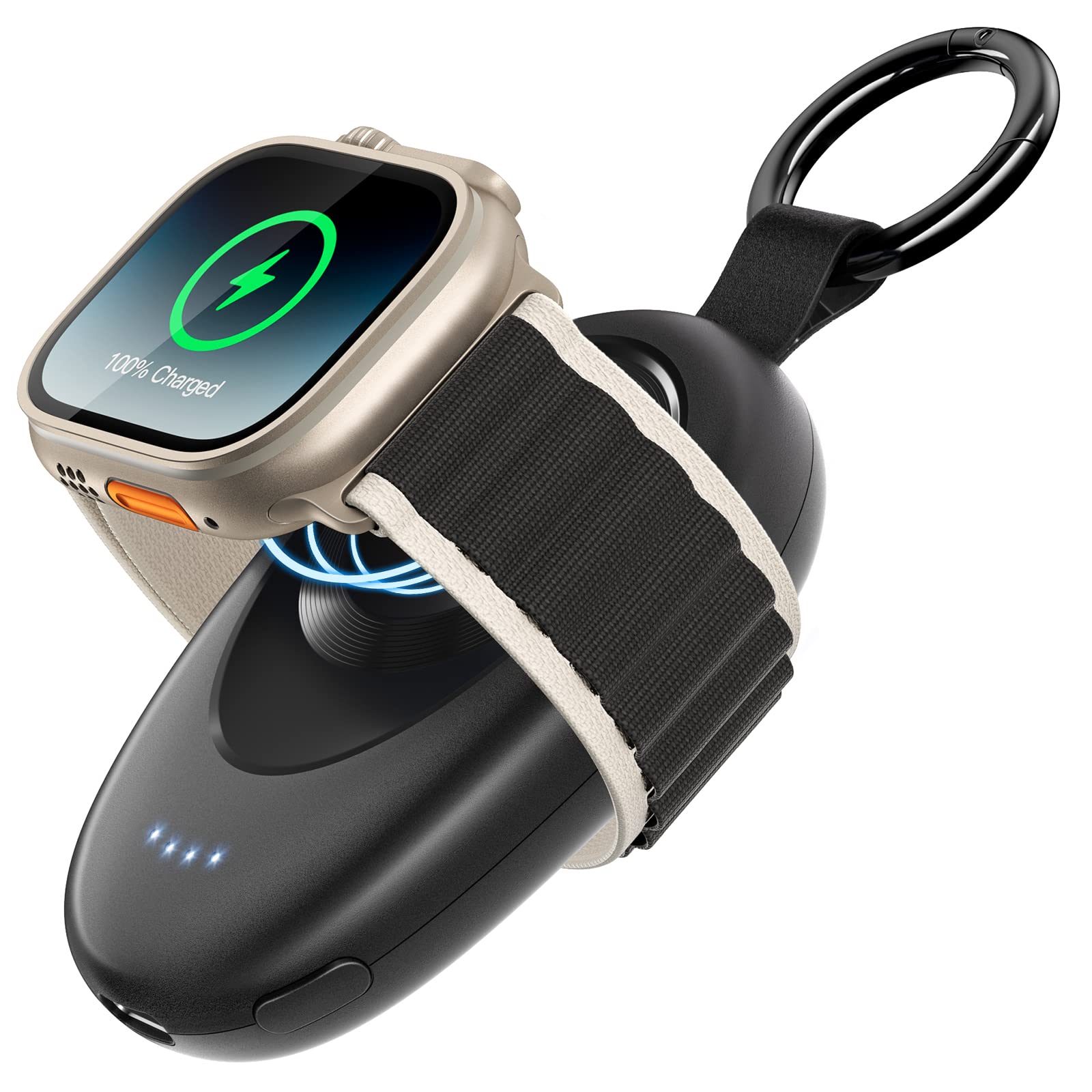 Portable Magnetic Wireless Charger for Apple Watch Series 10/9/8/7/6/5/4/3/SE/Ultra/Ultra 2 - 1400mAh Power Bank Keychain Travel Car Charger (Black) | Perfect for Gym, Travel & Everyday Use