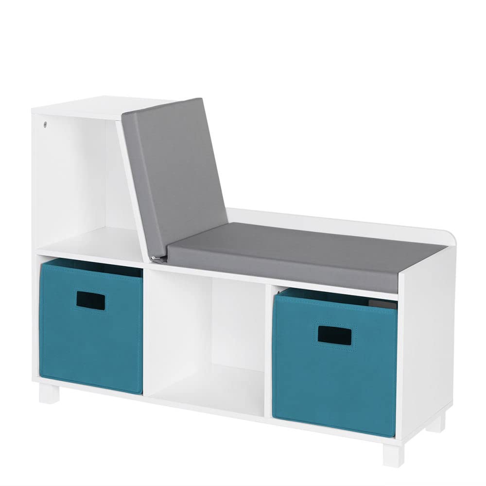 RiverRidge Kids Book Nook Storage Collection - 2-Piece Cubbies with Storage Bench, White & Turquoise Bins - Perfect for Bedroom Organization, Playroom Storage, and Reading Nook Decor