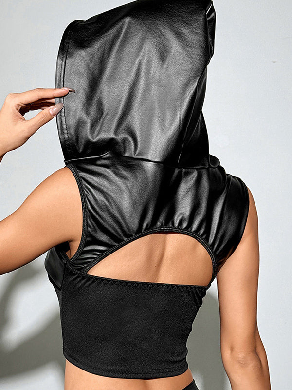 ZASUWA Women's Sexy PU Hollow Out Hooded Vest - Fashionable Layering Piece for Night Out & Party Wear