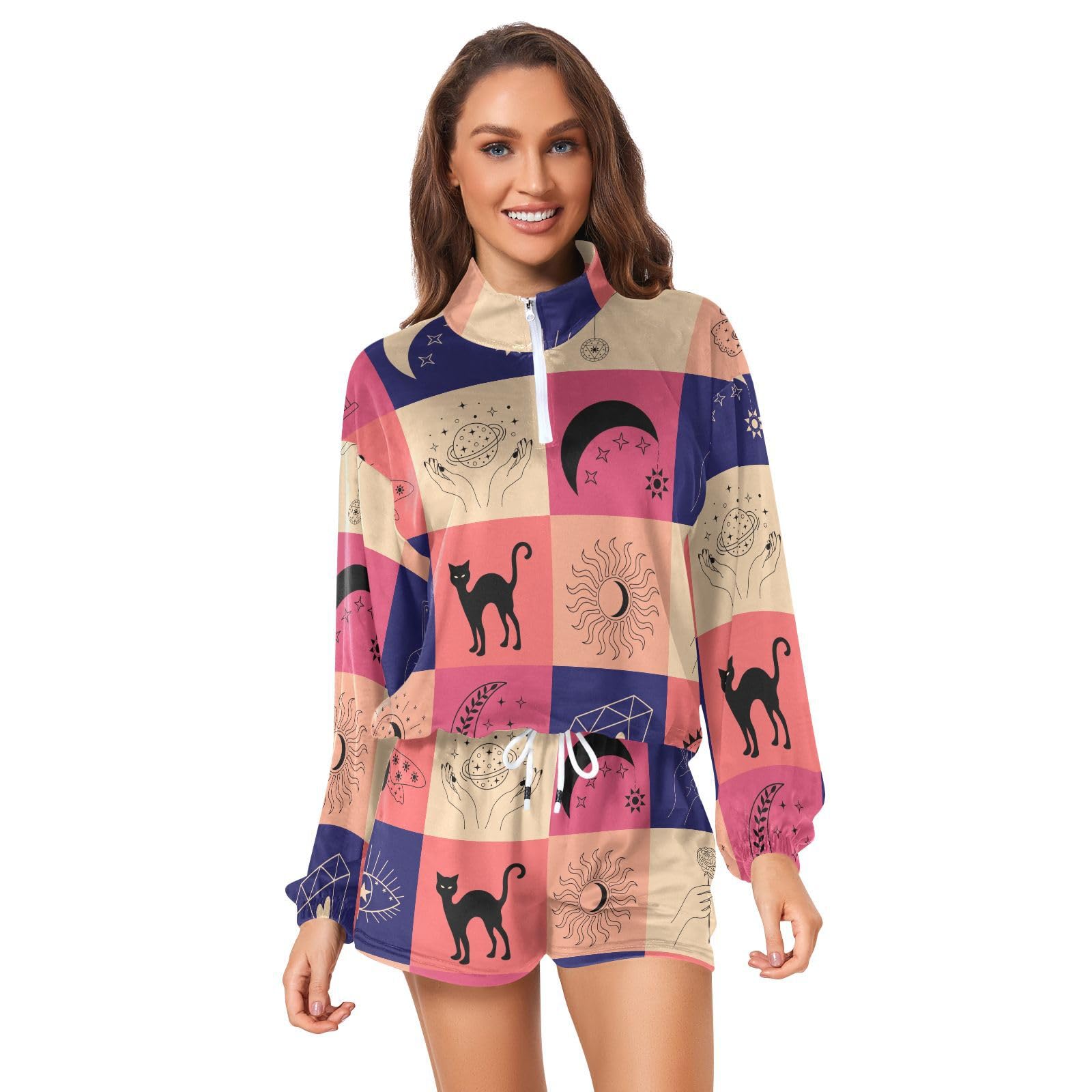 Women's Casual Sweatshirt and Lounge Shorts Set - Mystical Elements Print, Comfortable Loungewear for Yoga, Home Relaxation & Weekend Outings