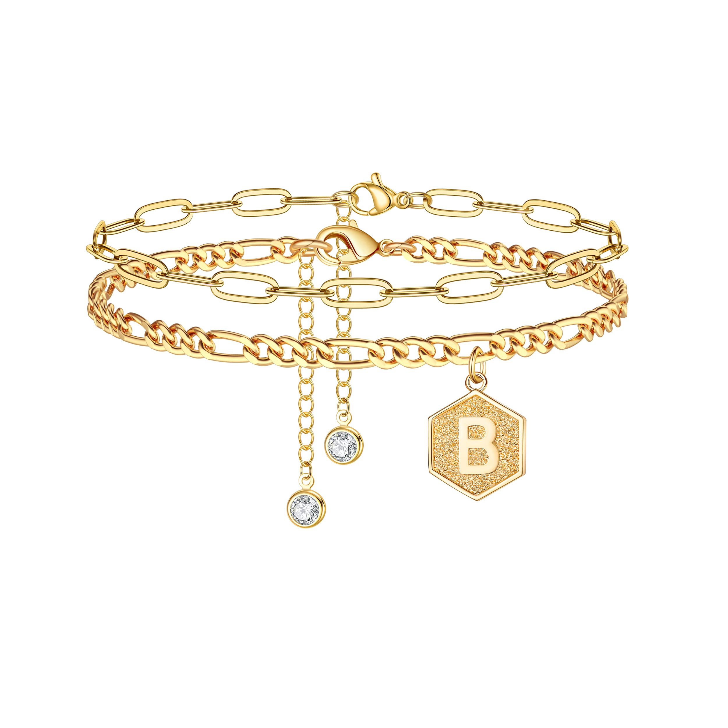 14K Gold Plated Initial Ankle Bracelet for Women - Figaro Chain Paperclip Letter Layered Anklet - Perfect for Beach, Vacation & Everyday Jewelry