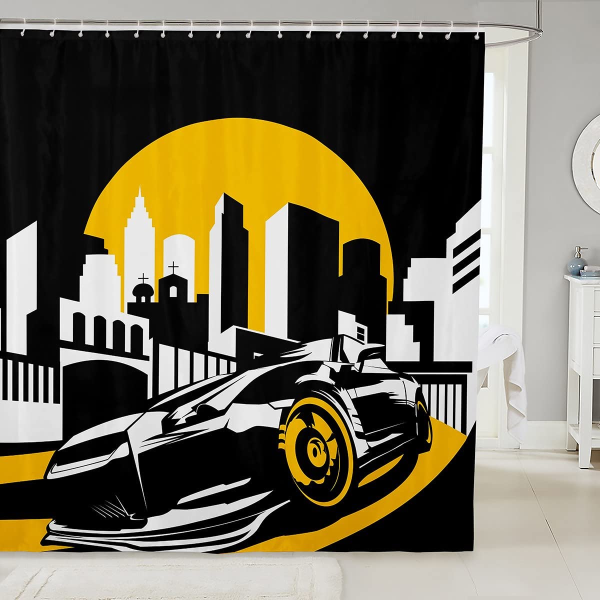 Feelyou Racing Sports Car Shower Curtain - Extreme Sports Bathroom Decor with Modern Cityscape Design - 72x84 Inch Waterproof Fabric Shower Curtain Set for Stalls & Bathtubs - Perfect for Racing Enthusiasts' Bathrooms & Man Cave Decor
