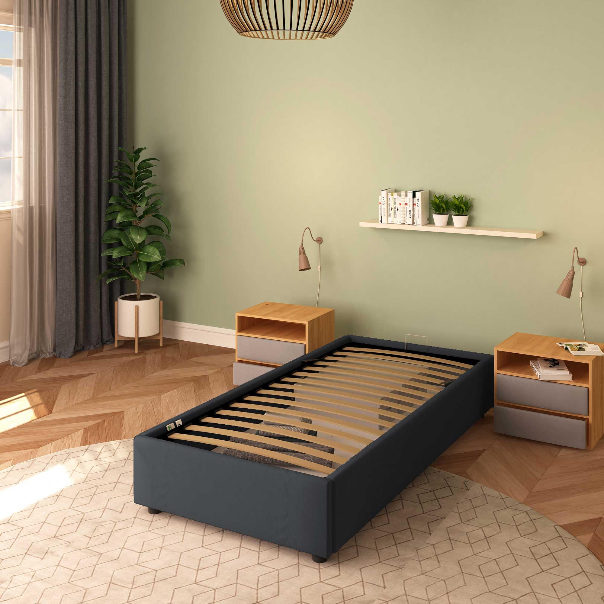 Baldiflex Cloe Square and Half Bed Frame with Storage, Fabric Upholstery, No Headboard, Slatted Base for Mattresses, 100 x 200 cm, Graphite Gray - Perfect for Small Bedrooms, Guest Rooms & Modern Apartments