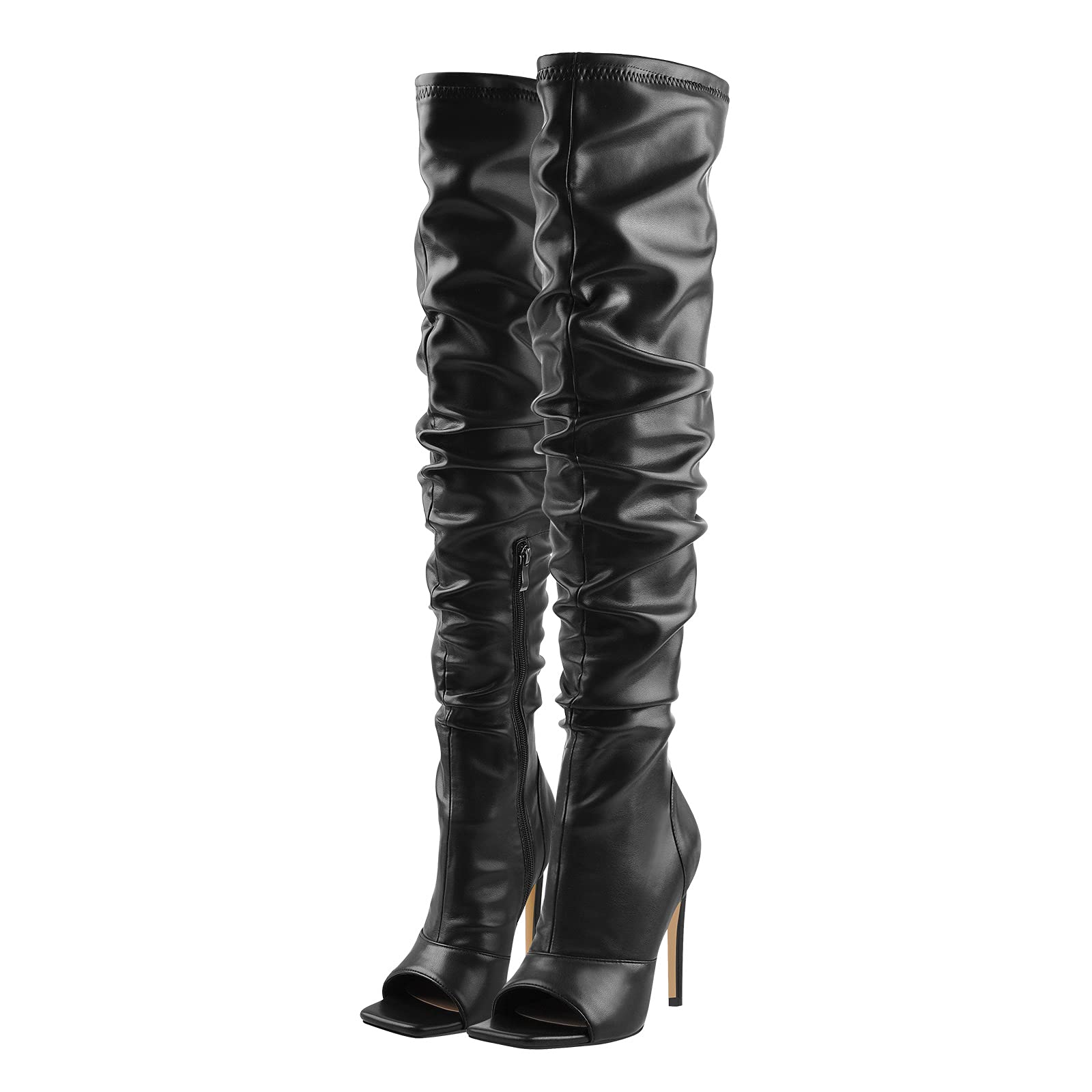 LISHAN Women's Square Peep Toe Stiletto Heel Over The Knee High Boots - Lace Up Back Zipper Long Boots for Party, Night Out & Fashion Show | Sexy Dressy Boots for Women