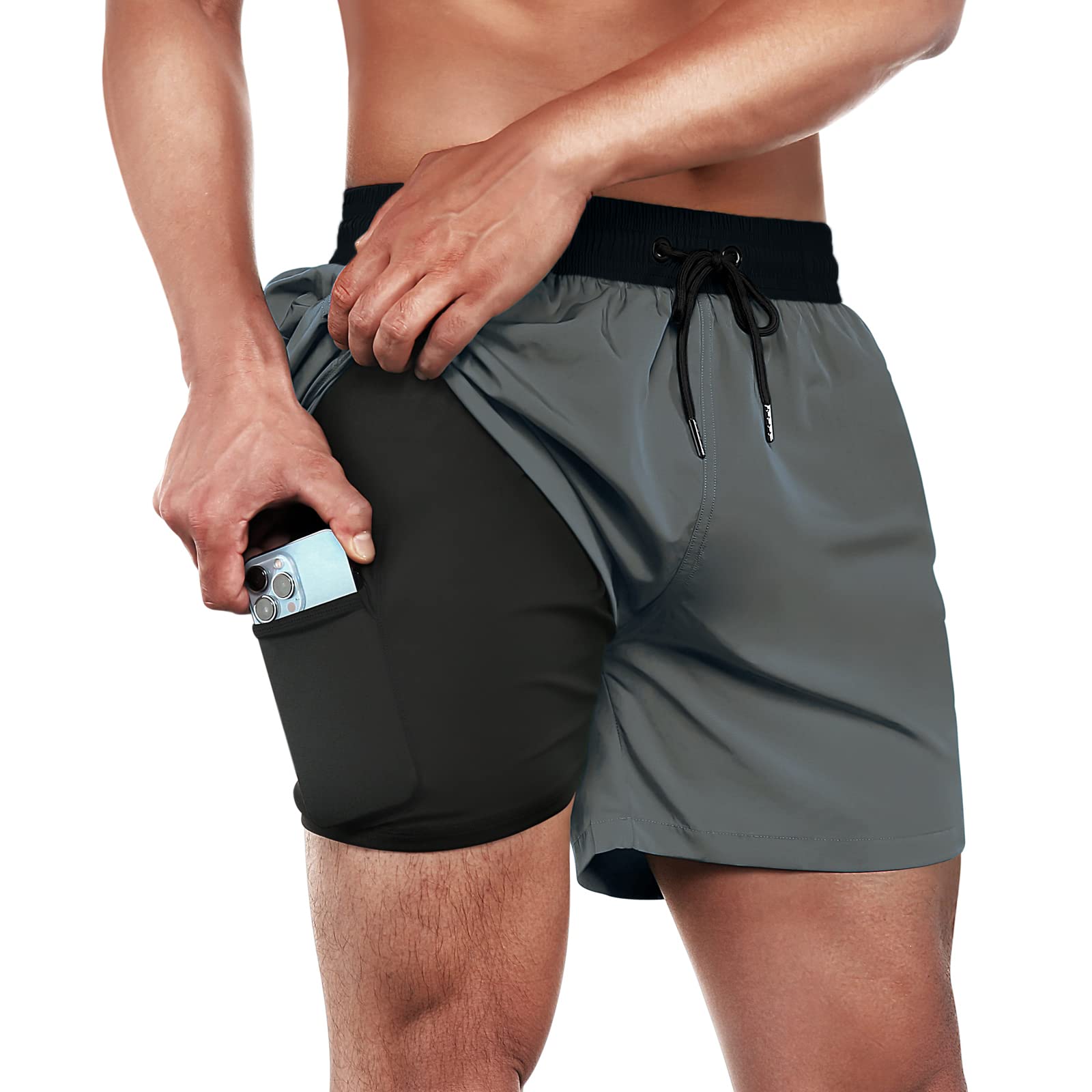 BRISIRA Men's Quick Dry Swim Trunks 5 Inch Inseam Beach Shorts with Compression Liner & Zipper Pocket - Comfortable Swimming, Surfing, and Poolside Relaxation