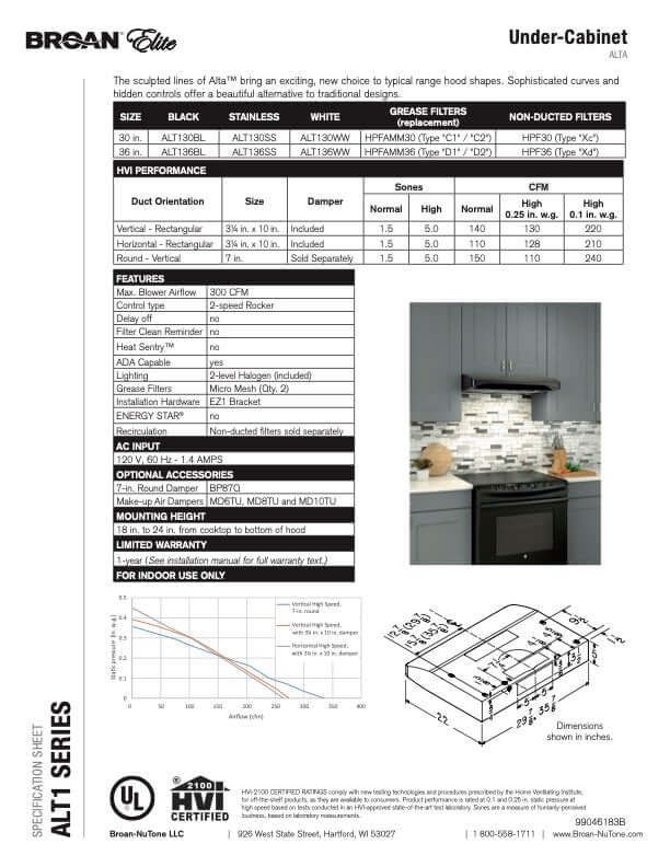 Broan Elite Alta I Series 30-Inch Convertible Under Cabinet Range Hood in Black (ALT130BL) - Powerful Kitchen Ventilation for Smoke & Odor Removal