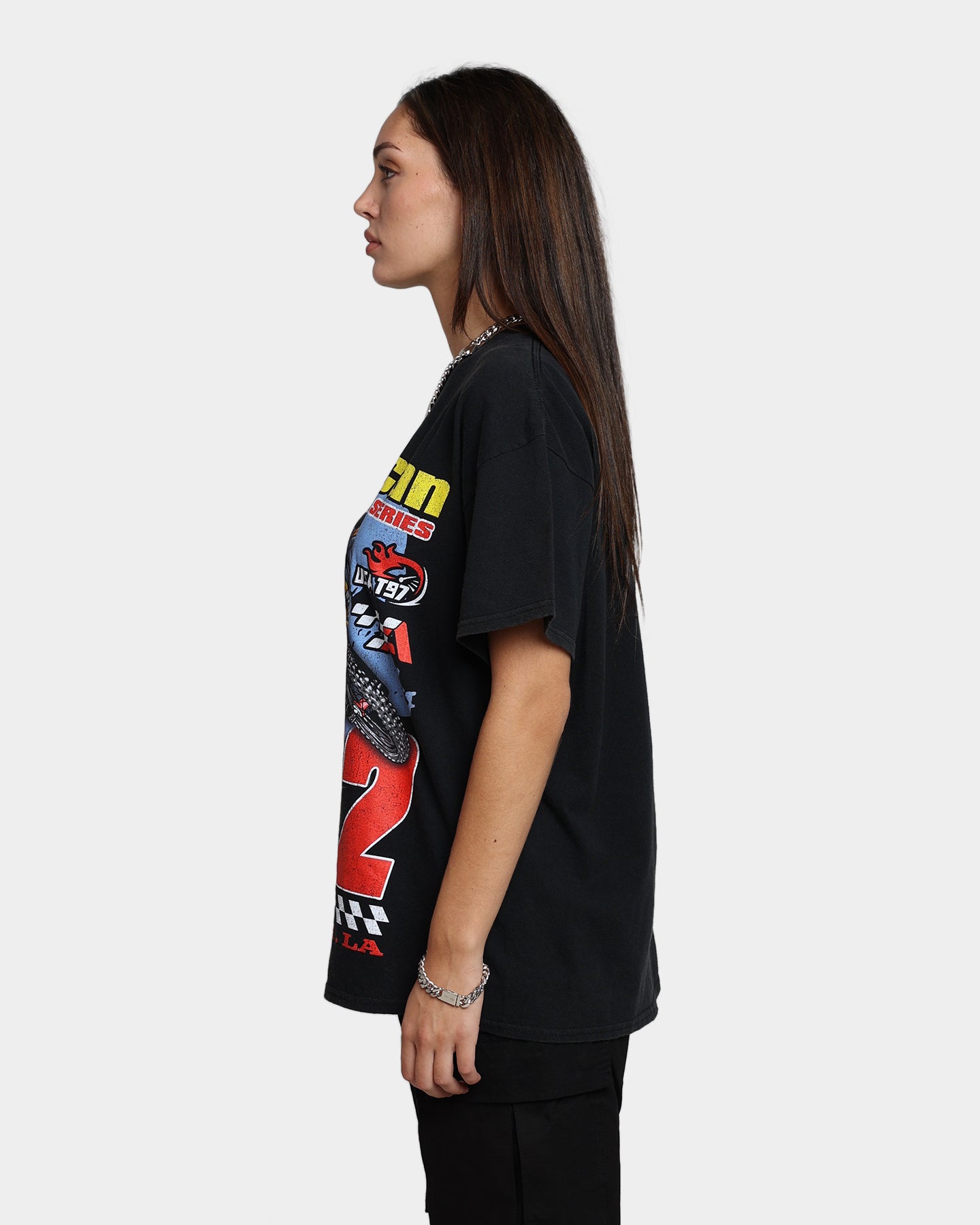 Vintage American Thrift Dirt Bike Graphic T-Shirt - Off Black | Motorcycle Enthusiast Apparel for Riding & Casual Wear