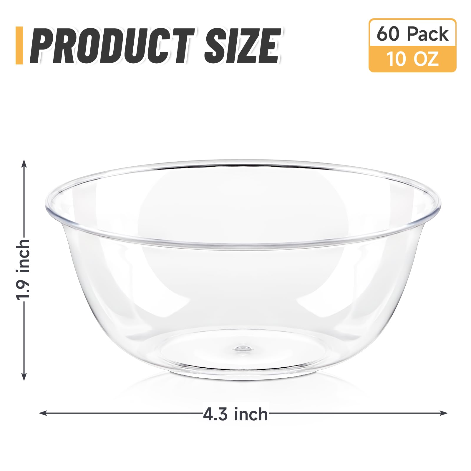 10 oz Clear Plastic Bowls 60 Pack - Small Disposable Salad Bowls for Ice Cream, Fruit, Desserts, Snacks & Party Serving - Perfect for Catering, Picnics, BBQs & Events