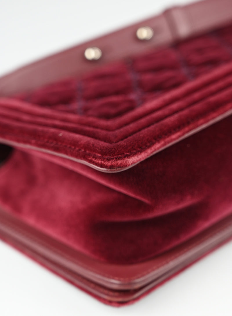 Chanel Burgundy Velvet Boy Bag - Luxury Quilted Shoulder Bag for Women | Perfect for Evening Parties, Weddings & Special Occasions