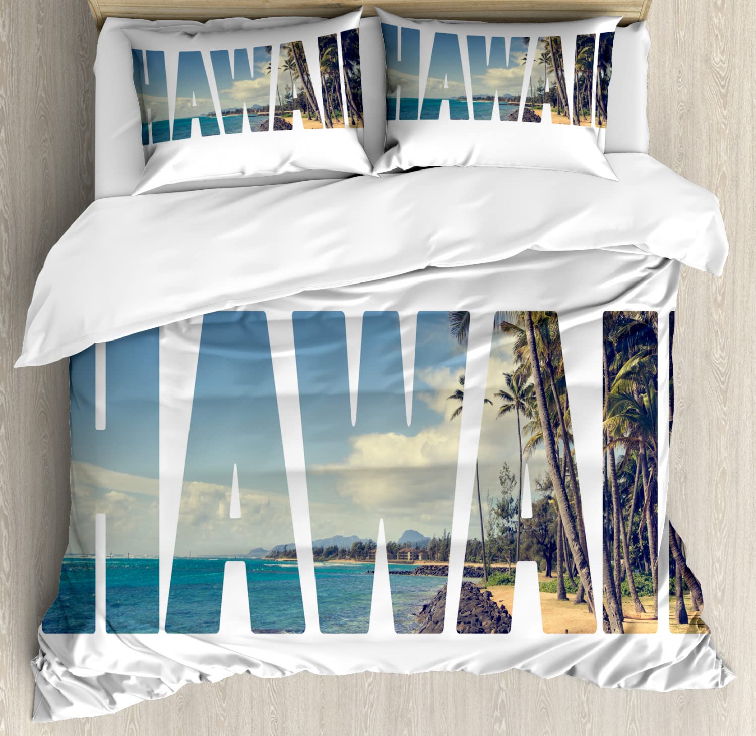 Ambesonne Hawaiian Duvet Cover Set - King Size 2-Pack with 2 Duvet Covers & 4 Pillowcases - Tropical Hawaii Ocean Palm Forest Design in White & Blue - Perfect for Beach House Bedrooms, Vacation Rentals & Tropical Themed Decor