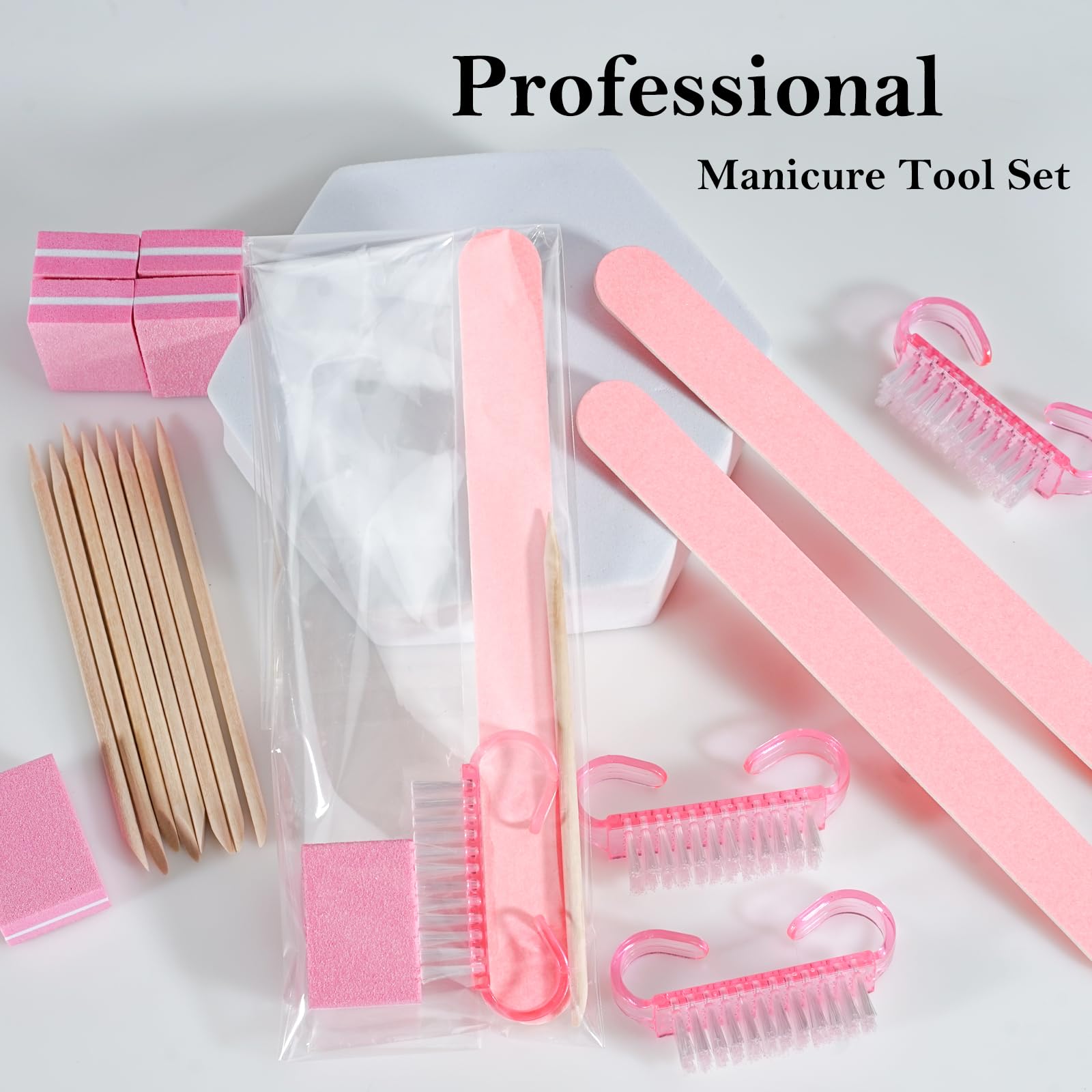 Professional Disposable Manicure Kit - 50-Piece Press On Nail Tool Set with Mini Buffer, Nail Files, Wooden Cuticle Pusher & Brush for Salon & Home Use | Perfect for DIY Nail Care, Travel & Professional Manicures (Pink)