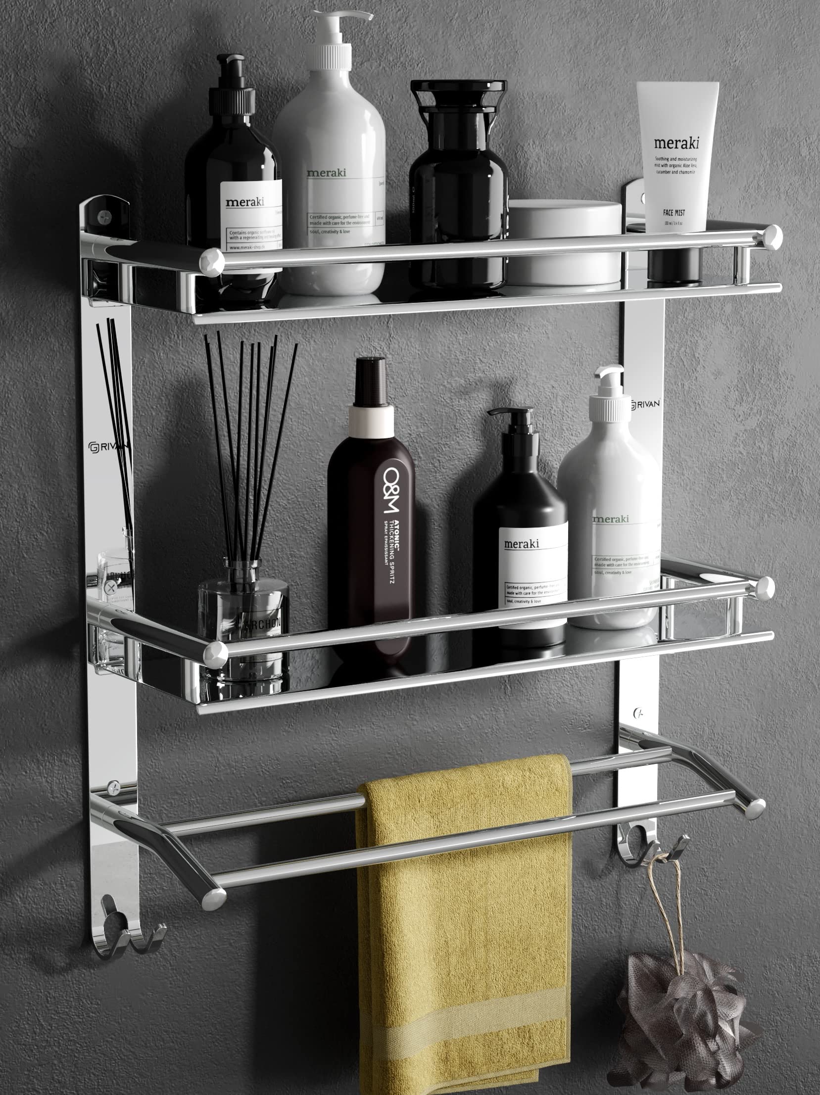 GRIVAN Stainless Steel Double Layer Bathroom Shelf with Towel Rod - Wall Mount Organizer for Bathroom Storage, Chrome Finish - Perfect for Small Spaces, Shower Caddies & Bath Accessories Organization
