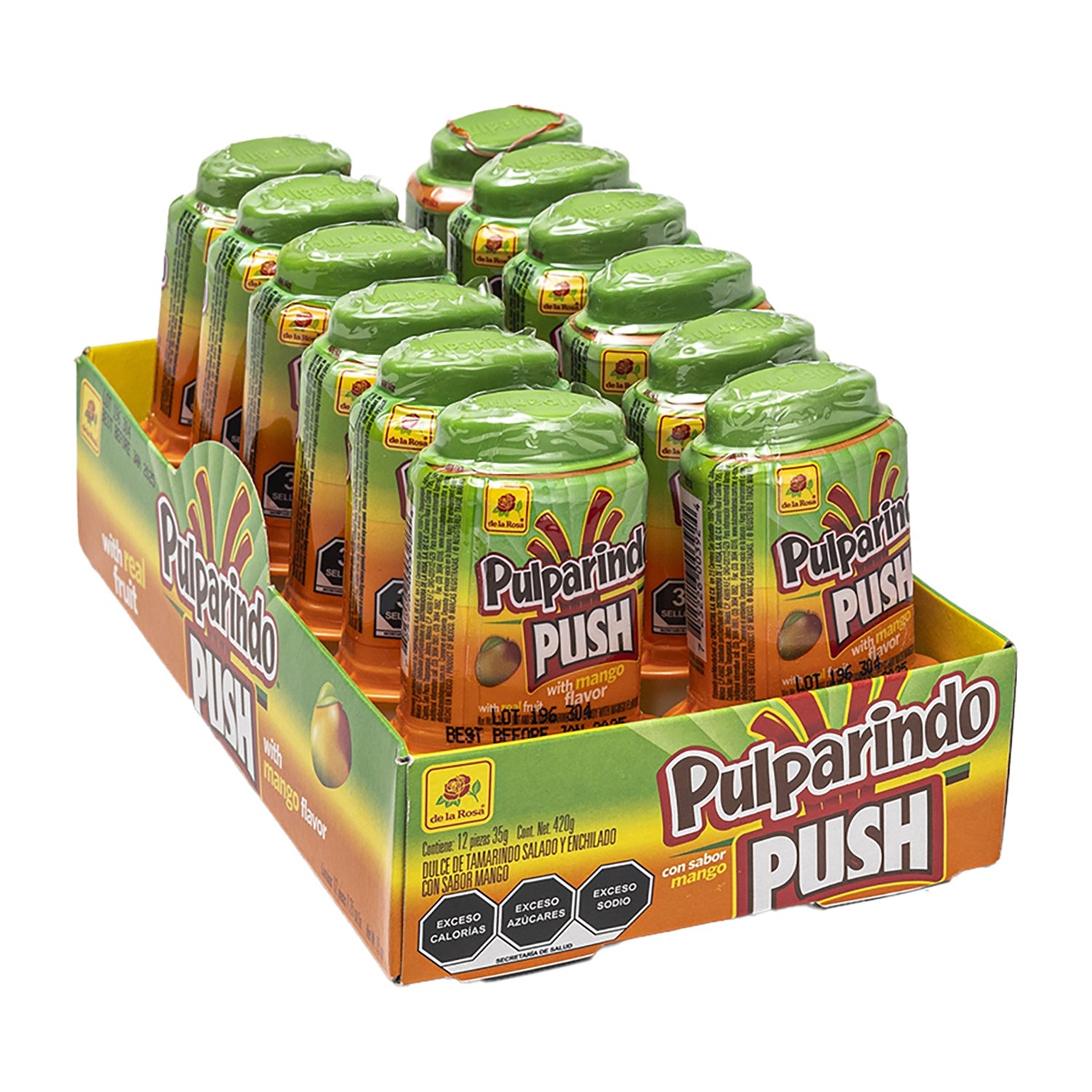De La Rosa Pulparindo Push Mango Candy - 12 Count Box | Authentic Mexican Tamarind Candy | Perfect for Parties, Snacking & Gifting