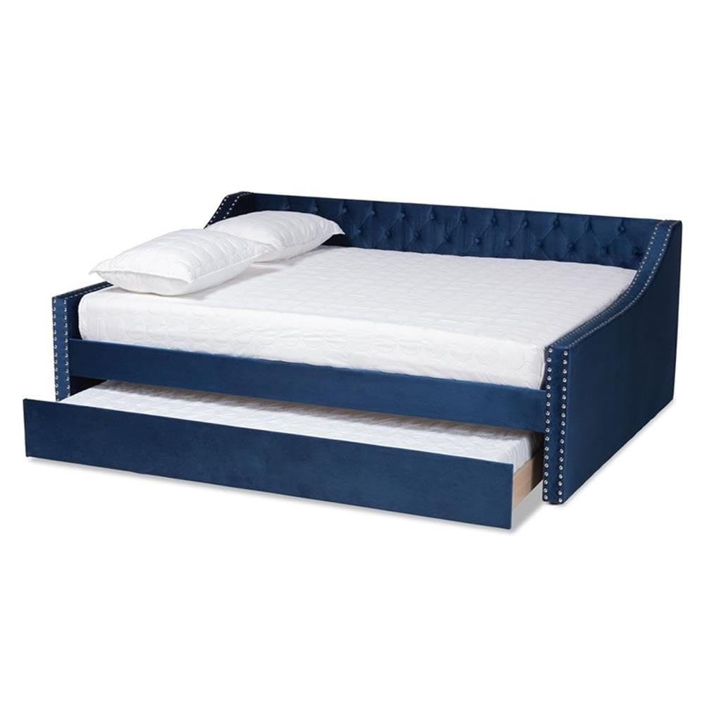 BOWERY HILL Modern Velvet Upholstered Queen Size Daybed with Trundle in Blue - Stylish Sofa Bed for Guest Room, Living Room & Small Space