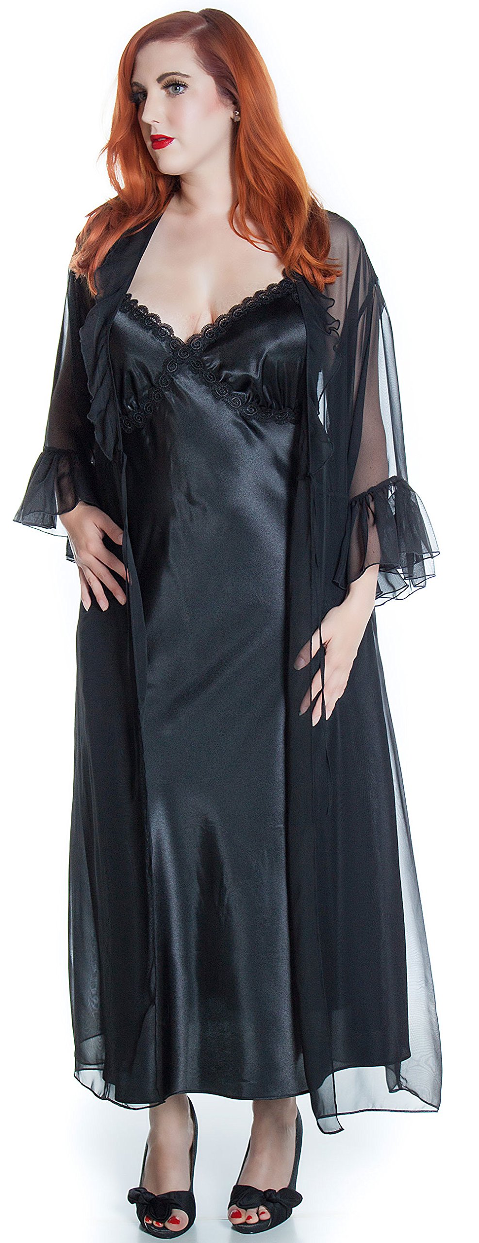 Elegant Women's Silky Nightgown with Venice Lace & Long Robe Set - Soft Sleepwear for Comfortable Nights - Perfect for Bedtime, Lounging, and Romantic Occasions