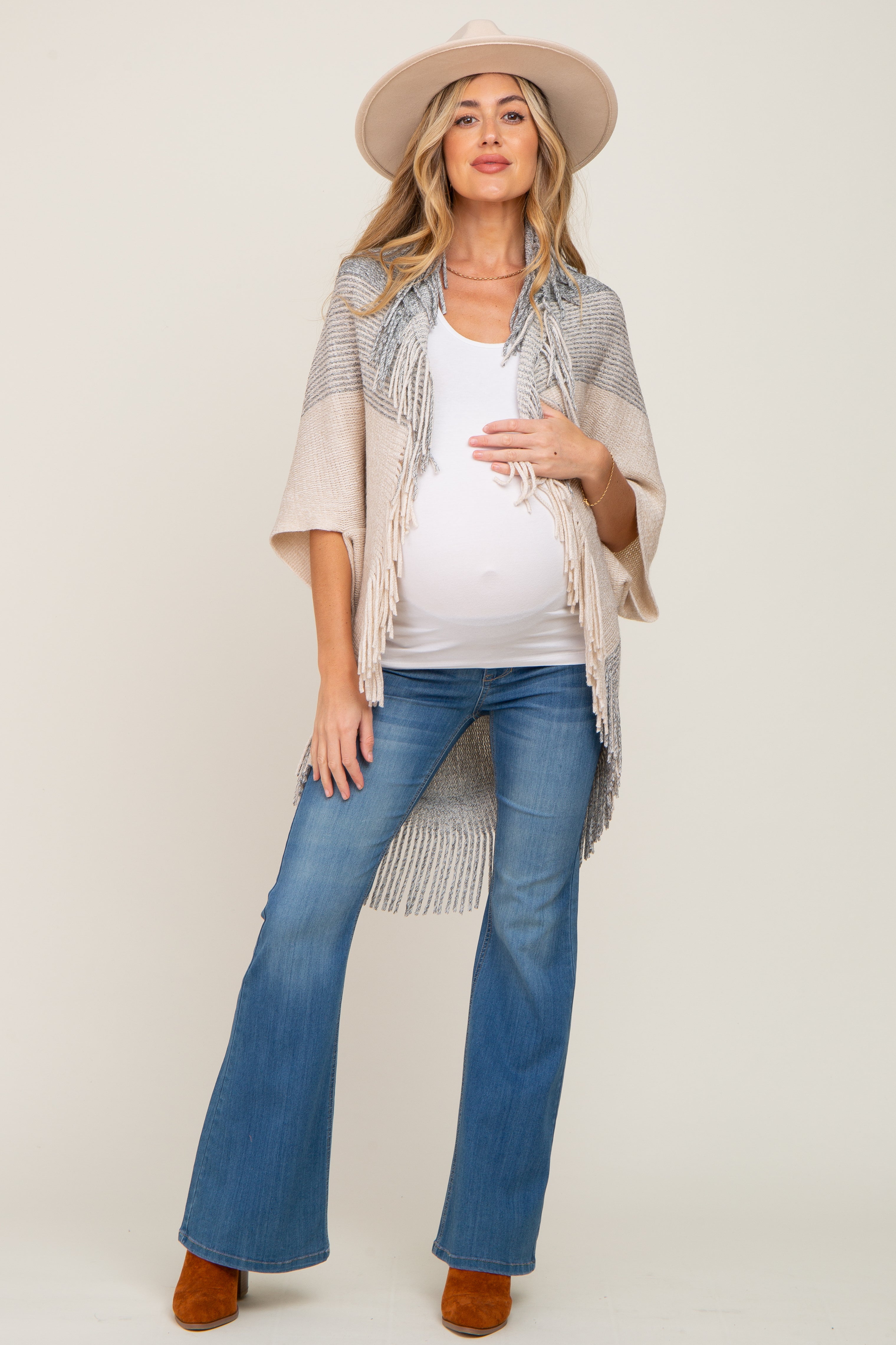 Beige Grey Fringe Knit Maternity Cover Up - Soft Nursing Shawl for Breastfeeding Moms, Stylish Pregnancy Wrap for Beach, Hospital & Photo Shoots