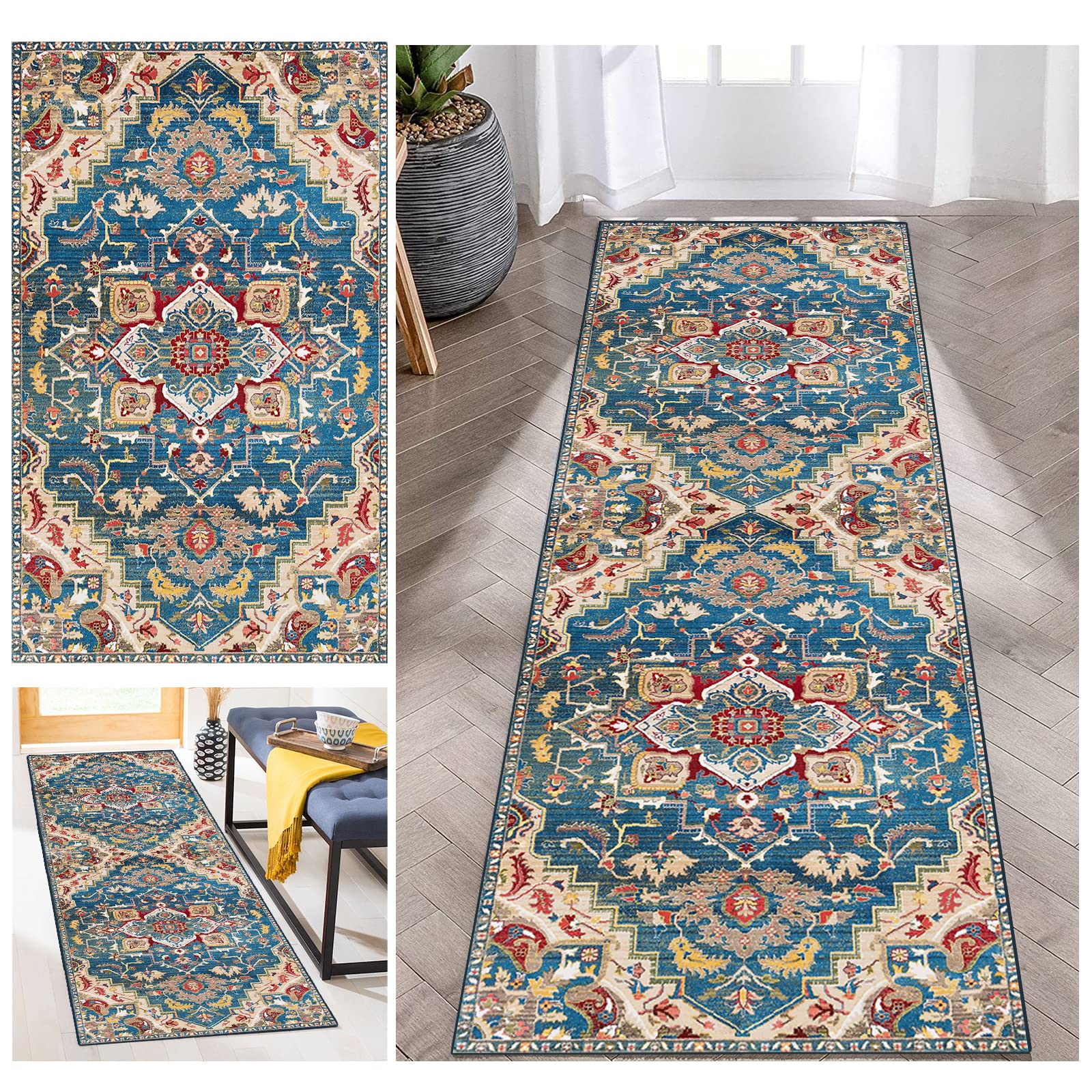 Vintage Traditional Runner Rug 4'x4' - Stain Resistant, Waterproof, Non-Slip Washable Carpet for Hallway, Kitchen, Entryway, Laundry Room - Custom Size Available - Perfect for High Traffic Areas & Home Decor