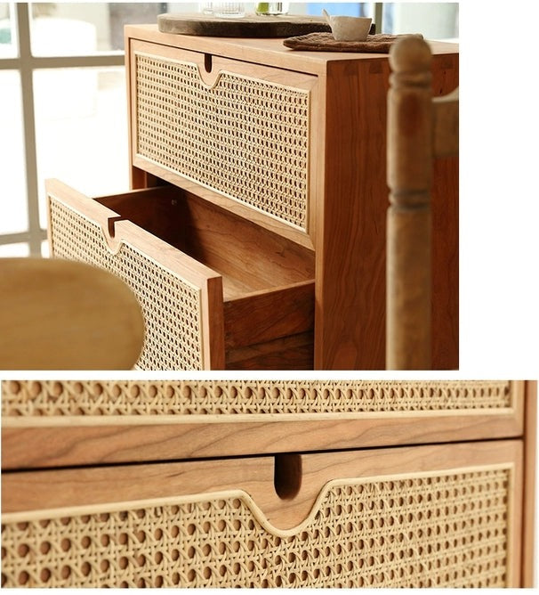 Japanese Style Dakota RITZ Chest of Drawers - Solid Wood Rattan Cabinet in Walnut & Cherry Finish | Perfect for Bedroom, Living Room, or Home Office Storage