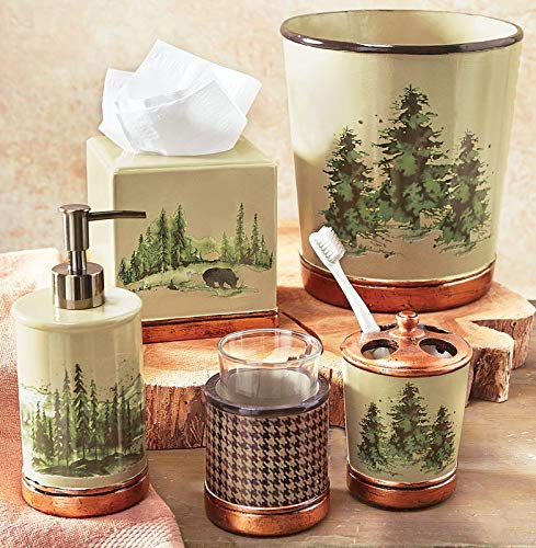 HiEnd Accents Joshua Ceramic Tissue Box Cover - Rustic Bathroom Countertop Accessories with Bear Forest Pine Tree Cabin Theme | Perfect for Cabin Decor, Lodge Style Bathrooms & Country Home Décor