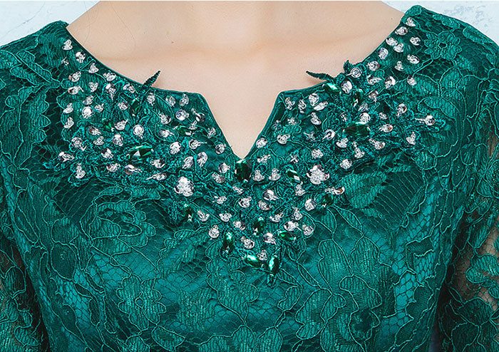 Elegant Green Lace Fit & Flare Tea Length Party Dress for Women - Perfect for Cocktail Parties, Weddings & Special Occasions