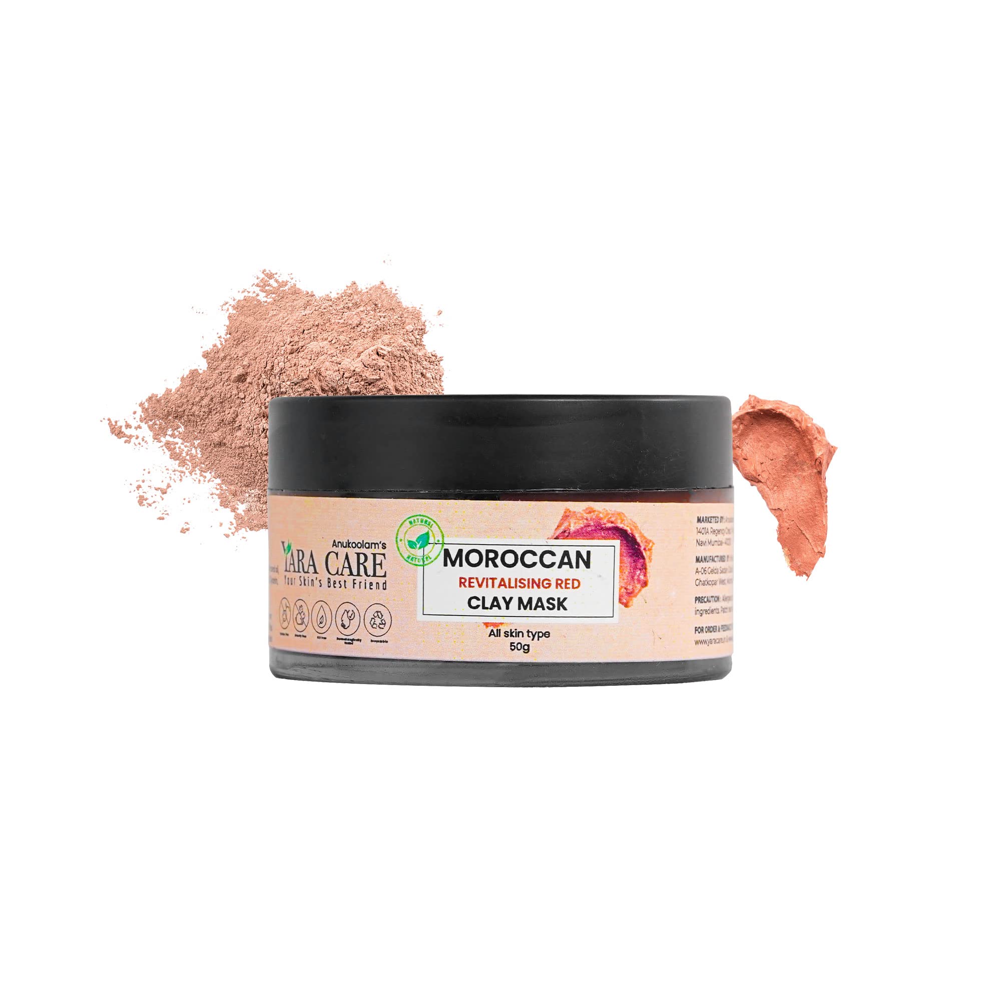 Yara Care Moroccan Revitalizing Red Clay Mask - Oil Control & Acne Treatment - Skin Detoxifier - Healing & Softening Facial Mask - 50g - Perfect for Oily & Acne-Prone Skin - Spa Day & Self-Care Essential