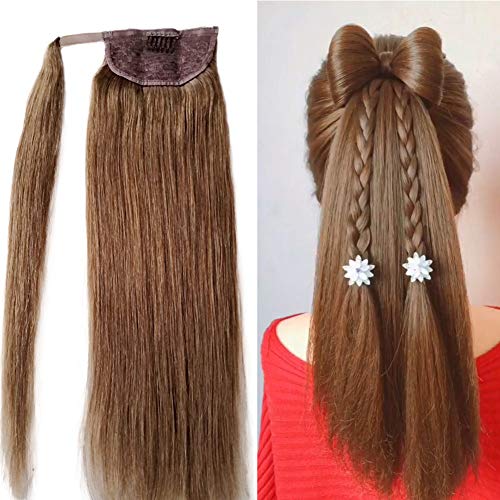 Ash Brown Remy Human Hair Ponytail Extensions 14 Inch 80G - Clip-in Wrap Around Ponytail for Women | Natural Straight Human Hair for Daily Wear, Parties & Special Occasions
