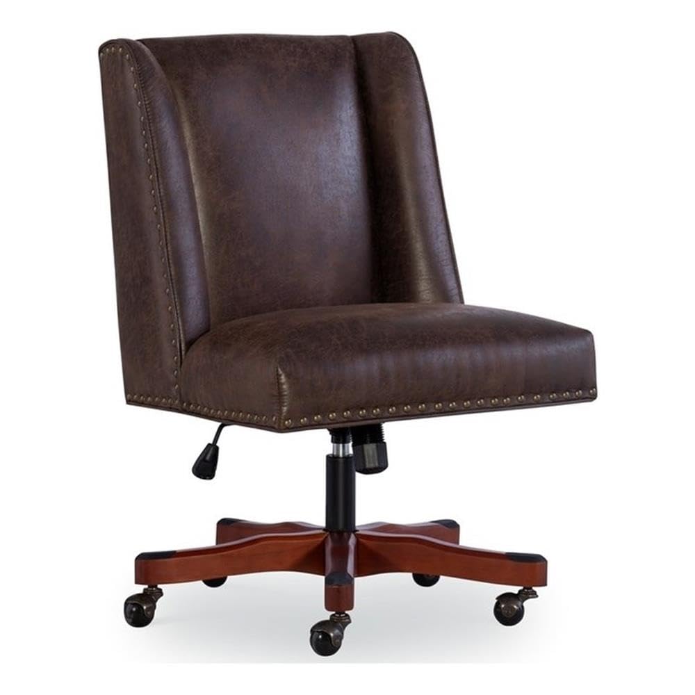 Linon Draper Brown Faux Leather Upholstered Office Chair with Wheels - Ergonomic Desk Chair for Home Office, Gaming & Study - Comfortable Rolling Computer Chair for Workstation, Dorm Room or Office Space