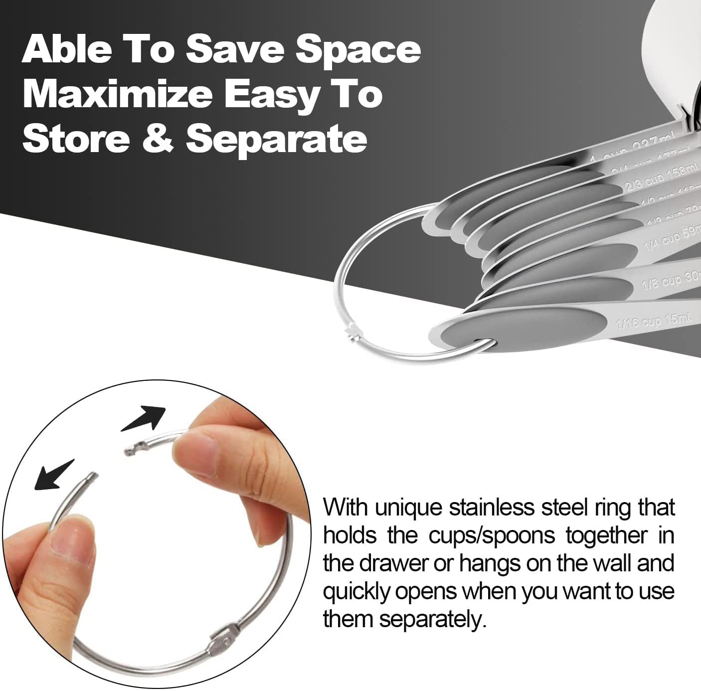 Wildone 16-Piece Stainless Steel Measuring Cups and Spoons Set with Gray Silicone Handle - 8 Nesting Cups & 8 Spoons for Dry & Liquid Ingredients - Perfect for Baking, Cooking, and Meal Prep