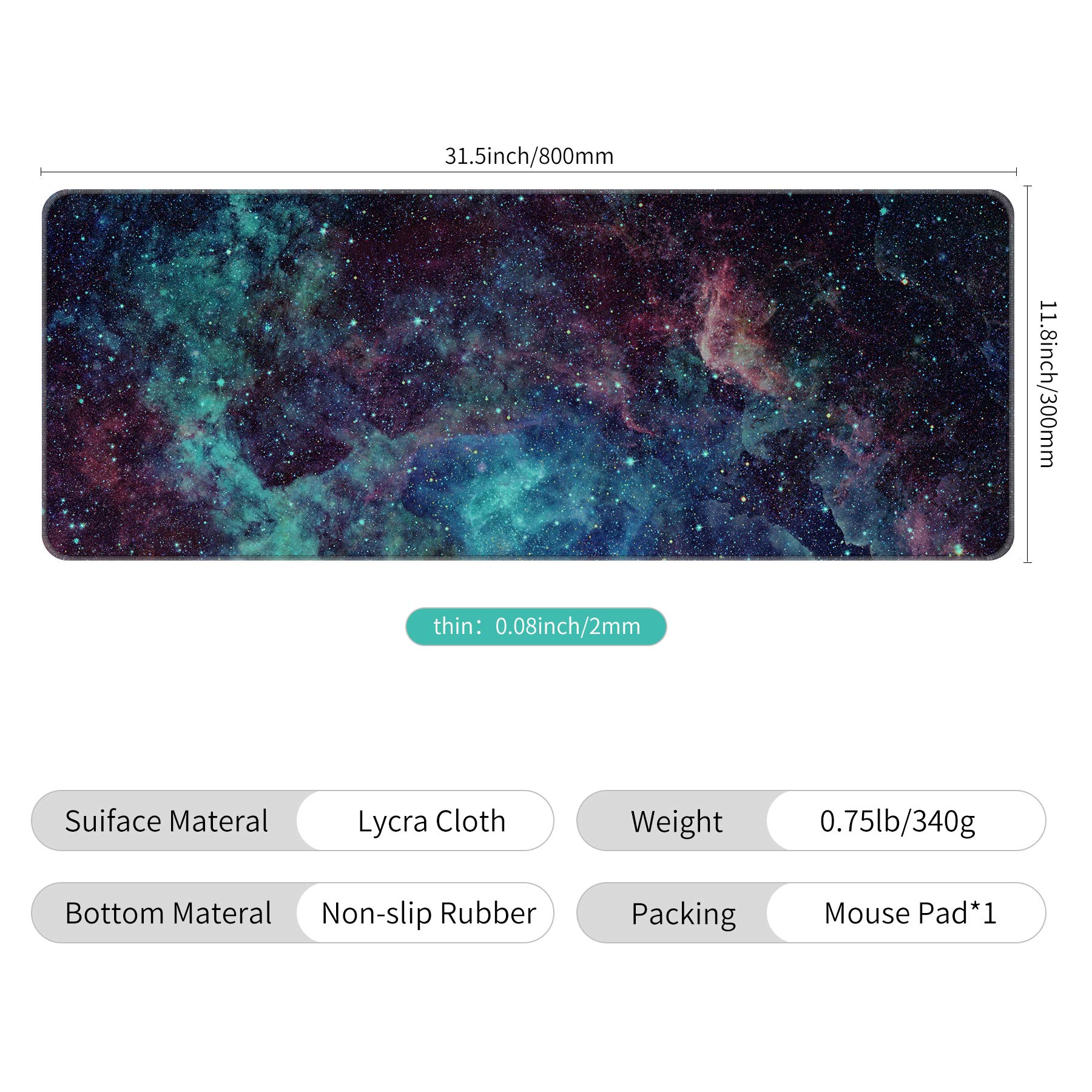 Dynippy Thin Extended Gaming Mouse Pad (31.5 x 11.8 x 0.08 Inches) - Large XXL Keyboard & Mouse Pad with Stitched Edges - Non-Slip Desk Mat for PC, Laptop, Gaming, Office & Home Use - Galaxy Space Design - Perfect for Esports, Workstations and Home Desktops