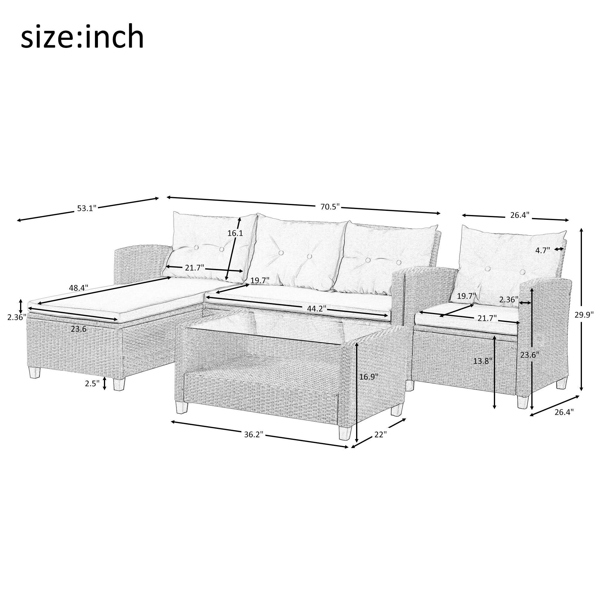 LZ LEISURE ZONE 4-Piece Outdoor Patio Furniture Set - All-Weather PE Rattan Wicker Sectional Sofa with Cushions & Coffee Table - Beige Brown - Perfect for Garden, Backyard, Poolside & Outdoor Conversations