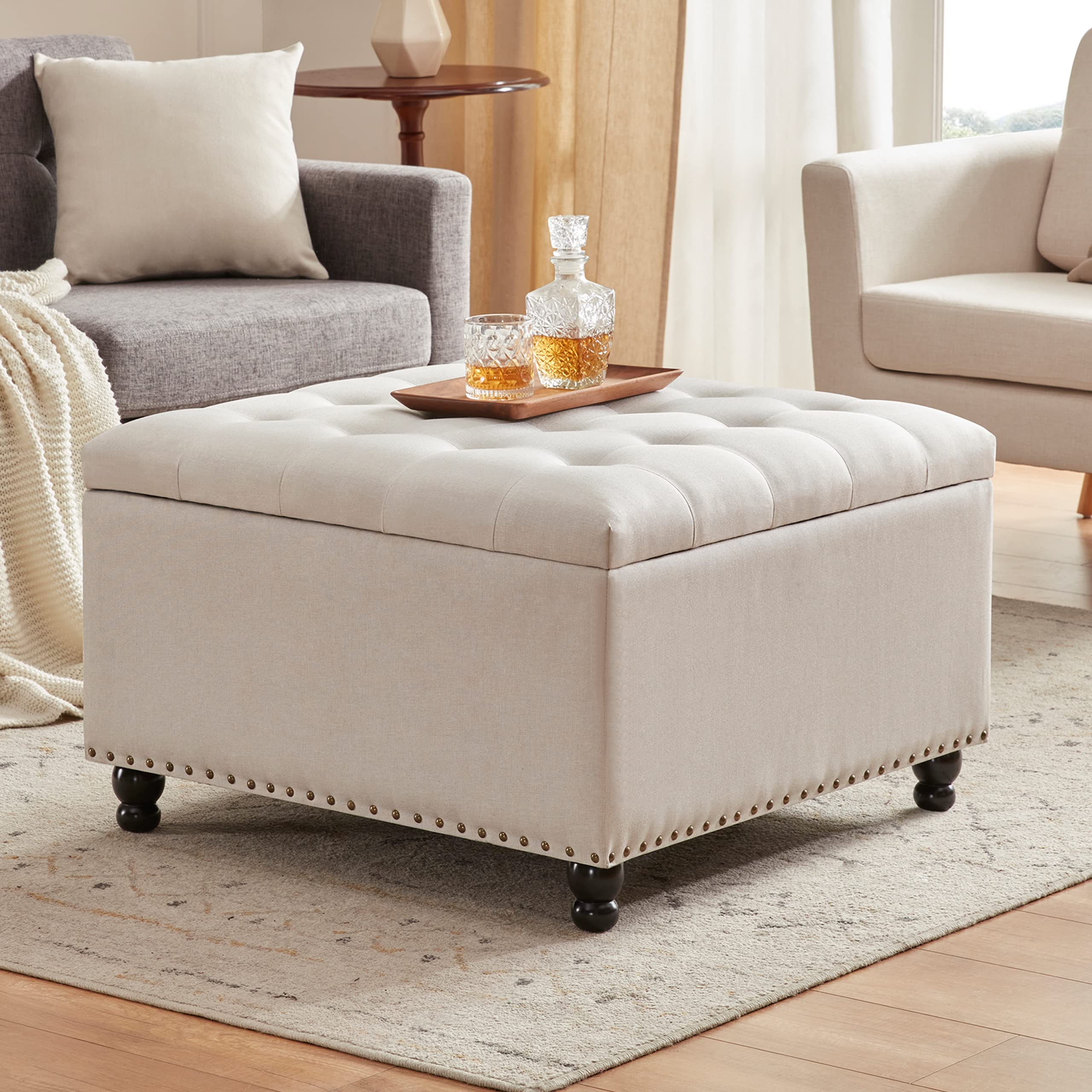 Tbfit Large Square Storage Ottoman Bench - Tufted Upholstered Coffee Table Ottoman with Hidden Storage | Oversized Toy Box & Footrest for Living Room, Bedroom & Nursery | Beige Fabric Ottoman for Home Organization & Extra Seating