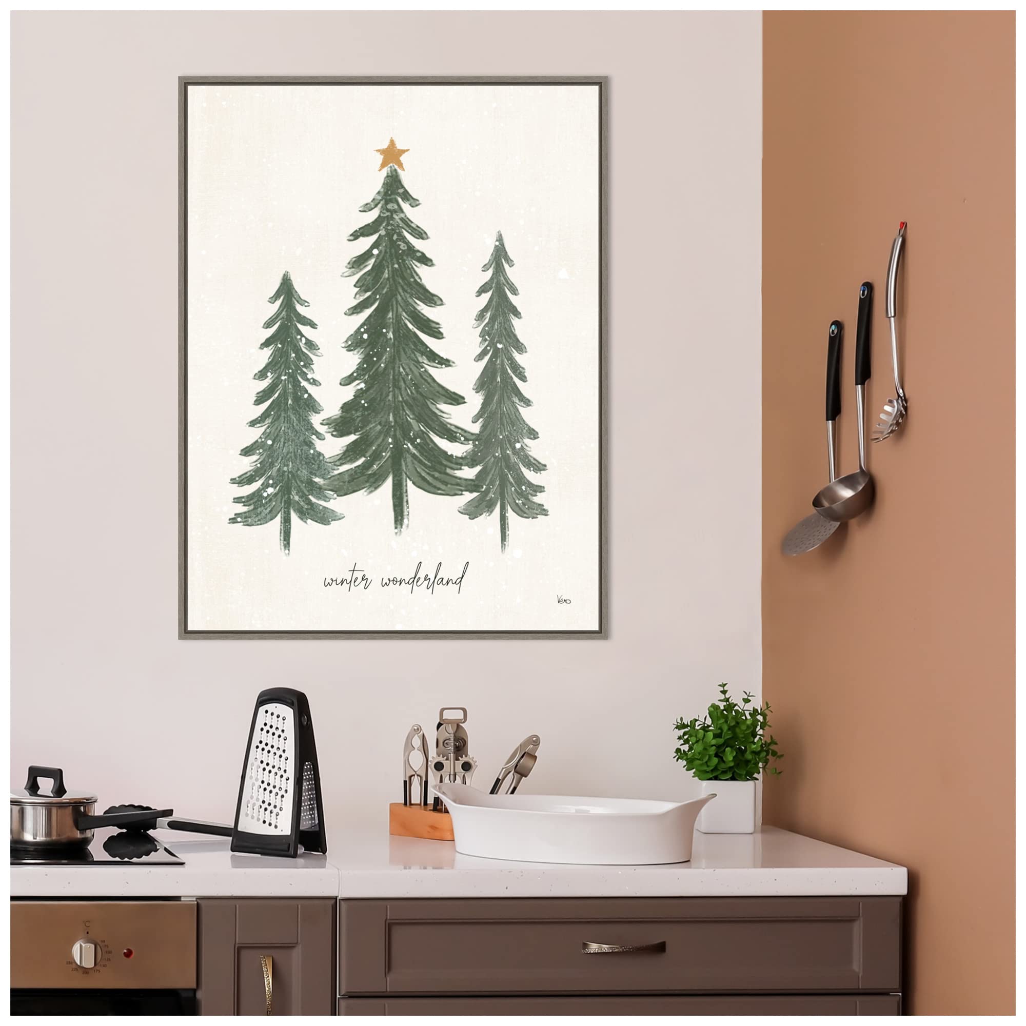 Amanti Art Framed Canvas Wall Art - 30x23 Woodland Christmas Trees Painting by Veronique Charron, Rustic Farmhouse Holiday Decor, Large Framed Poster for Living Room & Bedroom - Perfect for Christmas Home Decoration and Cozy Winter Ambiance