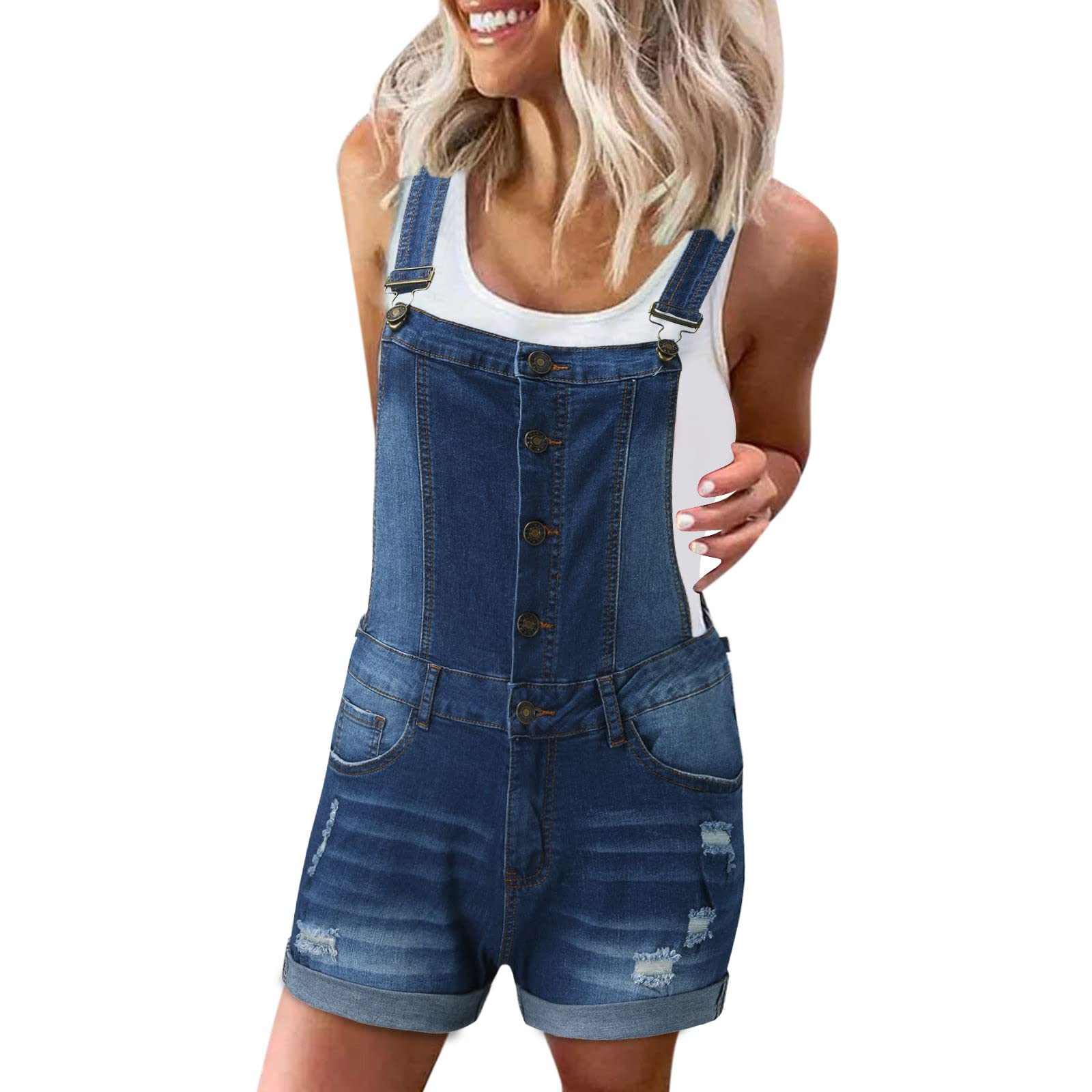 Women's Denim Short Jumpsuit - Strapless Romper with Button Bib Overalls | Summer Jean Shorts Outfit for Beach, Music Festivals & Casual Wear