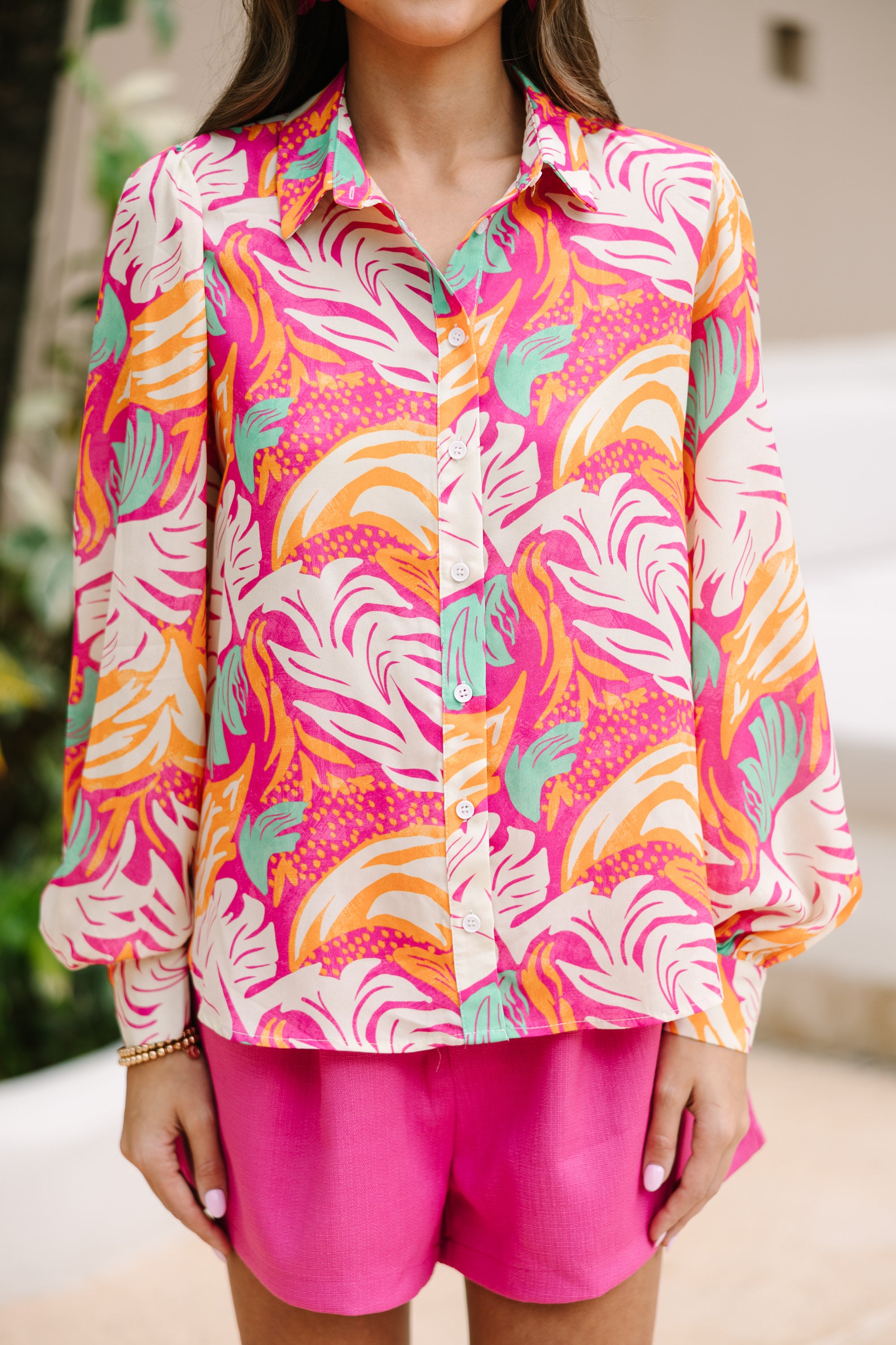 Fuchsia Pink Abstract Print Blouse for Women - Trendy & Elegant Tops for Casual Wear, Office & Date Nights