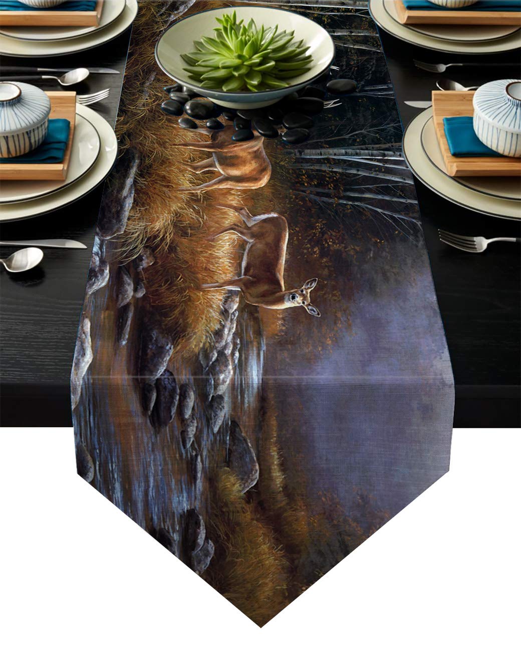 Autumn Forest River Wildlife Deer Pattern Table Runner - 14x72 Inch (36x183cm) Kitchen Dining Table Decor for Wedding, Bridal Shower, Thanksgiving & Fall Home Decorations - Cotton Linen Blend Fabric