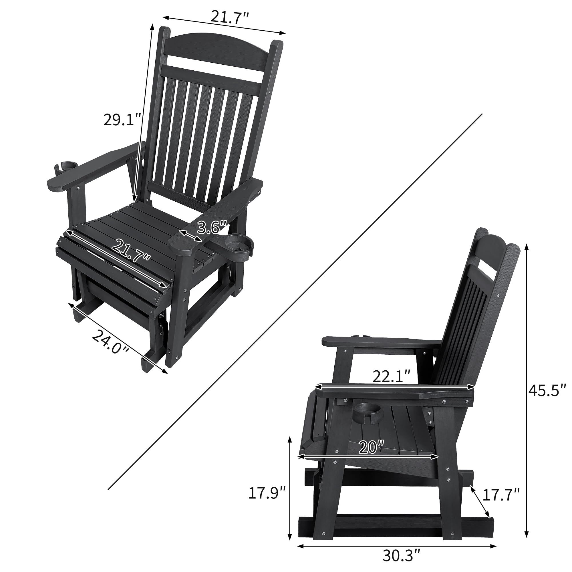 Poly Lumber Single Person Patio Glider with Cup Holders - High Back Support & Contoured Seat - Heavy Duty 700lb Capacity All-Weather HIPS Material (Matte Black) - Perfect for Porch, Deck, Garden or Poolside Relaxation