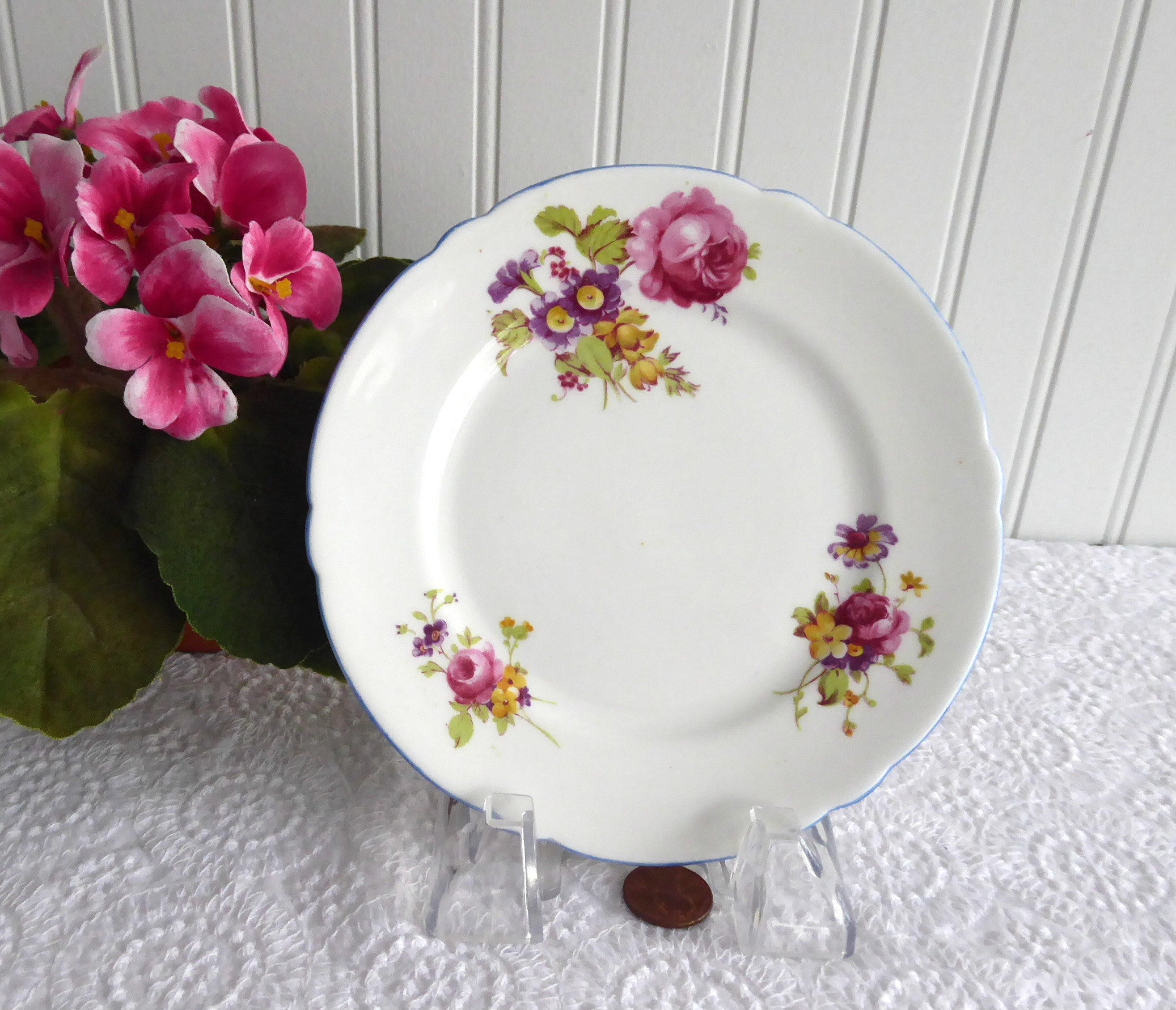 Vintage Shelley Bread Plate with Gainsborough Floral Blue Trim - 6 Inch Cake Plate from 1950s - Perfect for Afternoon Tea, Vintage Tableware Collection, and Antique Display