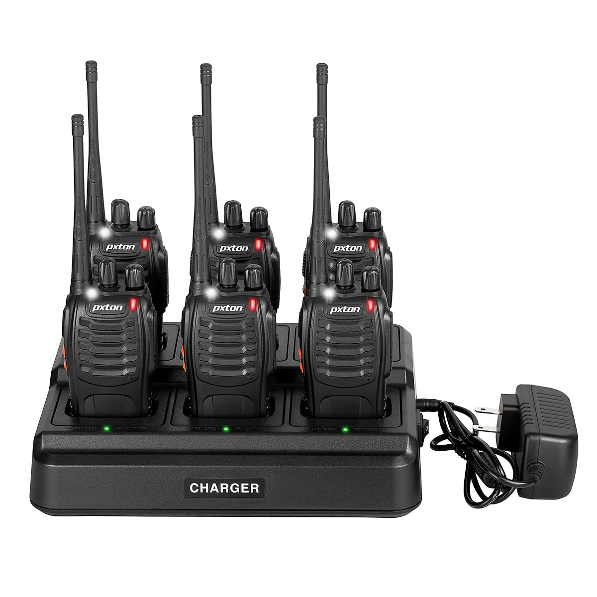 Long Range Walkie Talkies for Adults - Rechargeable Two Way Radios with Upgraded Earpiece, 6-Way Multi Gang Charger & Li-ion Battery (6 Pack) - Perfect for Outdoor Adventures, Construction Sites, and Emergency Communication
