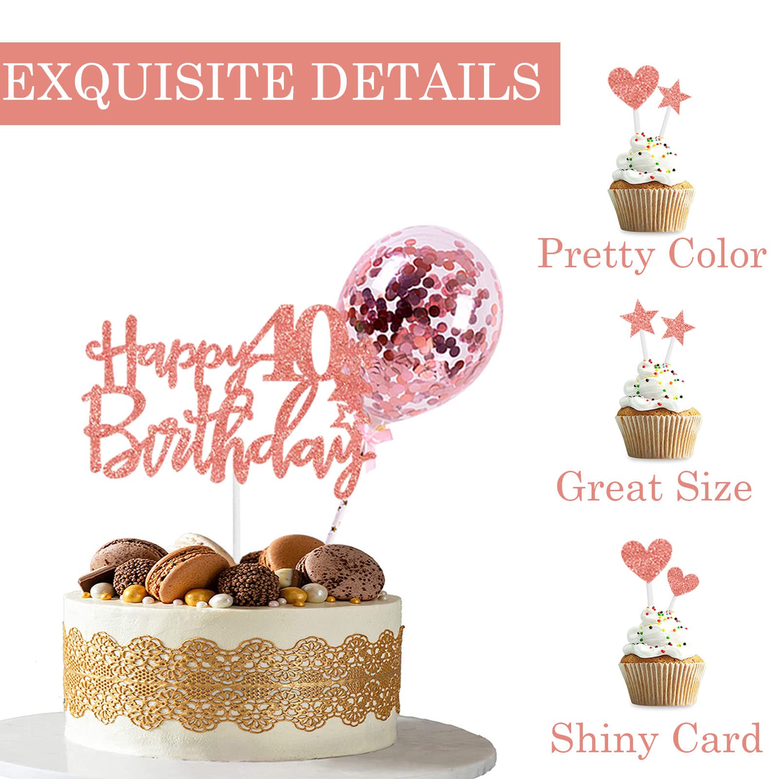 Personalized Rose Gold 40th Birthday Cake Toppers for Women - 11pcs Glitter Cupcake Toppers Set - Elegant Cake Decorations for 40th Birthday Party, Anniversary & Special Celebrations - Perfect for Women's Milestone Birthday Cakes, Cupcakes & Dessert Tables